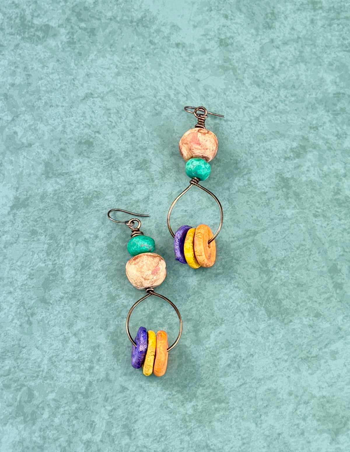 Earthy Rustic Boho Hoop Earrings • Colorful Stoneware Clay Beads • Lightweight Dangle Hoops • Autumn Vibes