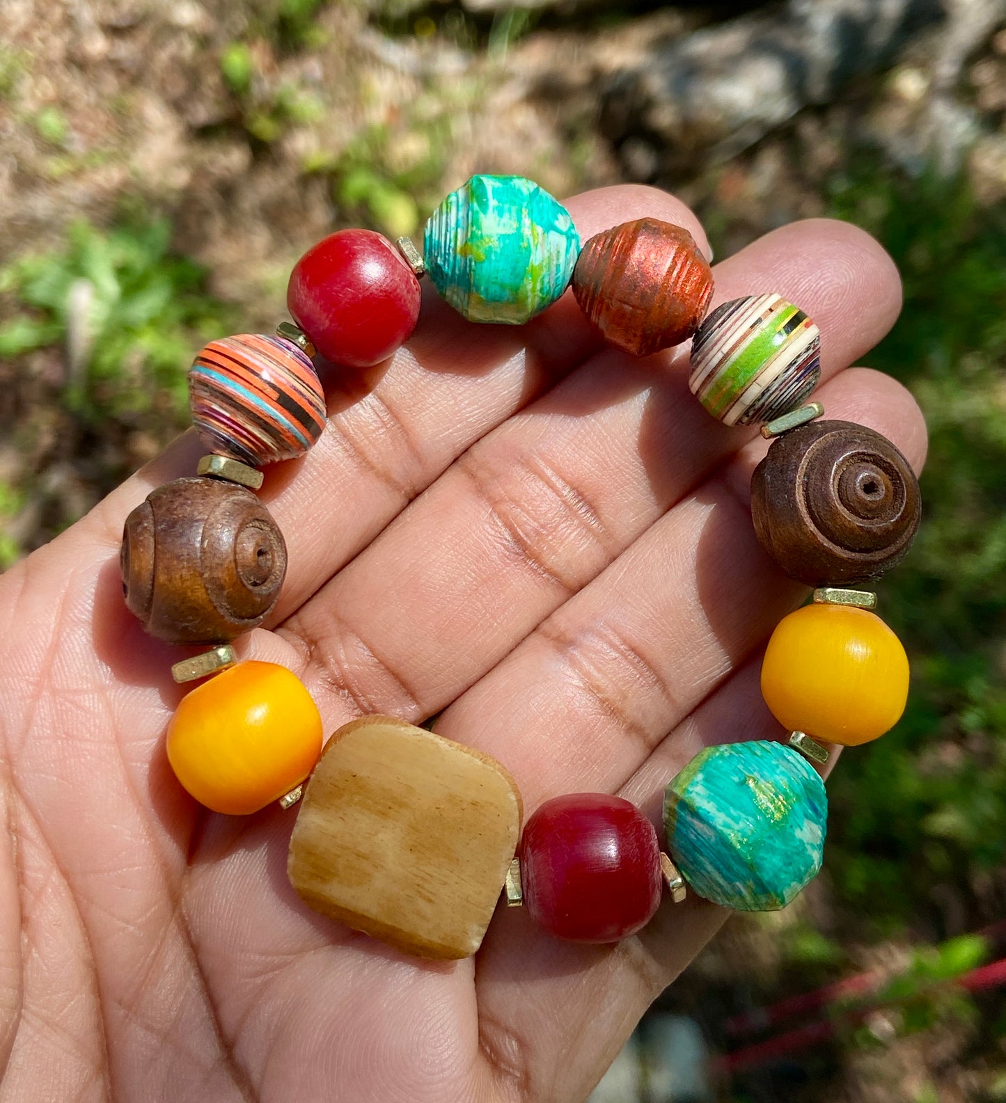 Bohemian Vibes: Mixed Media Paper Beads, Olive Wood, Bone and Colorful Kenyan Amber Resin Beads