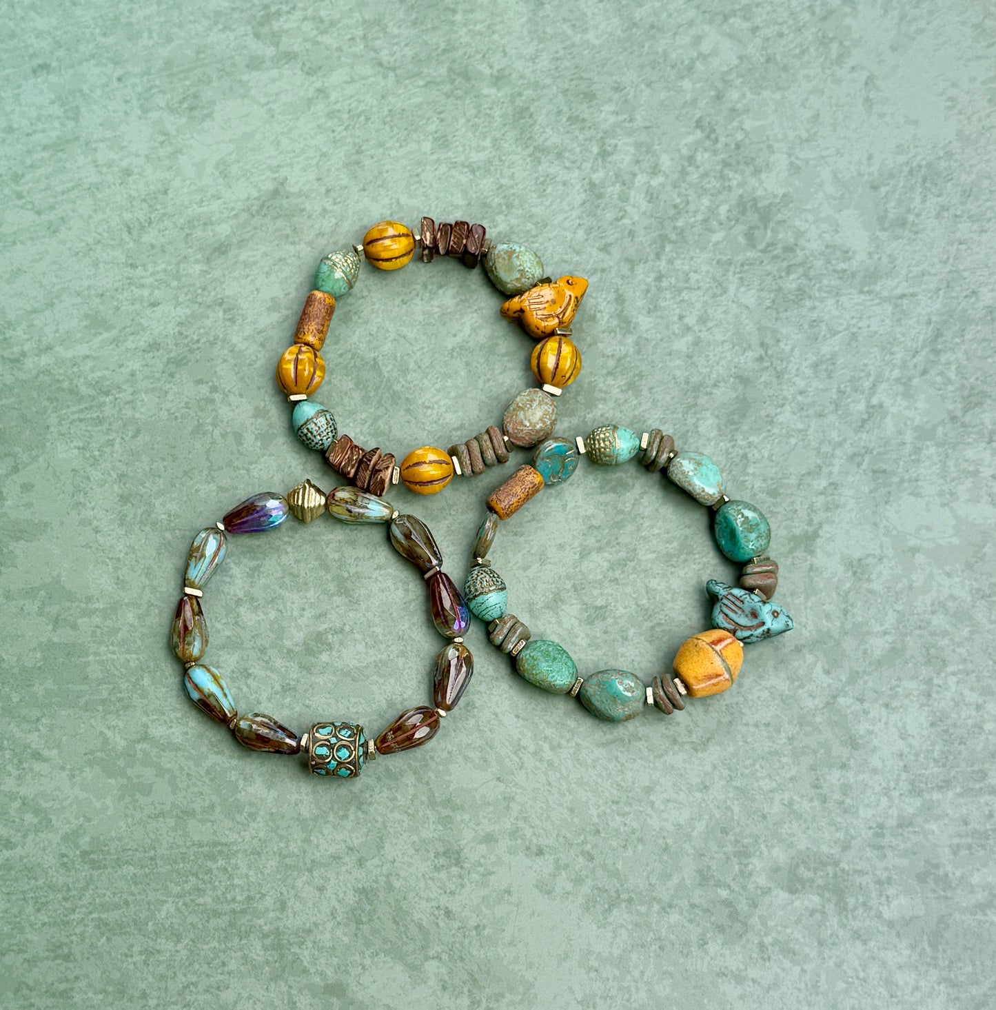 Turquoise Ancient Stone Bracelet • Mystic Chirp Focal • Rustic Coconut Wood • Nature Inspired Artisan Jewelry