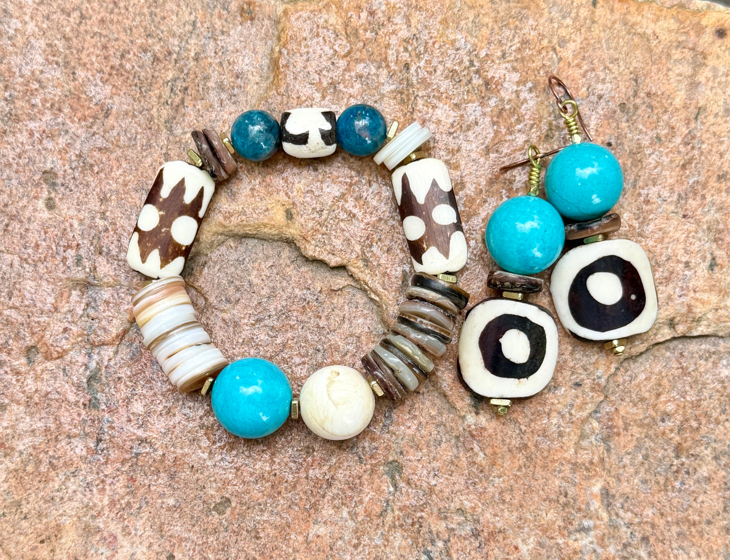 Boho Mix Media Bracelet — Turquoise Magnesite, Shell & Batik Bone Beads