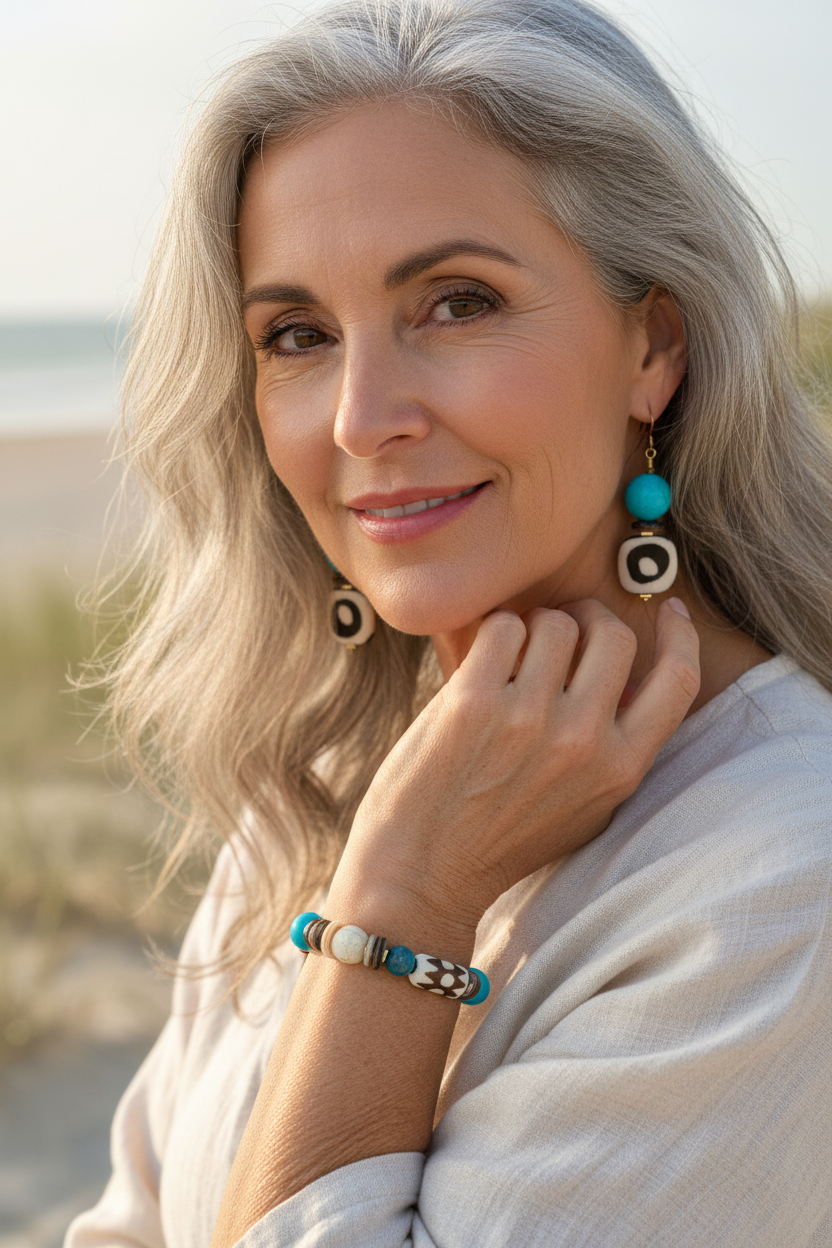 Boho Mix Media Bracelet — Turquoise Magnesite, Shell & Batik Bone Beads