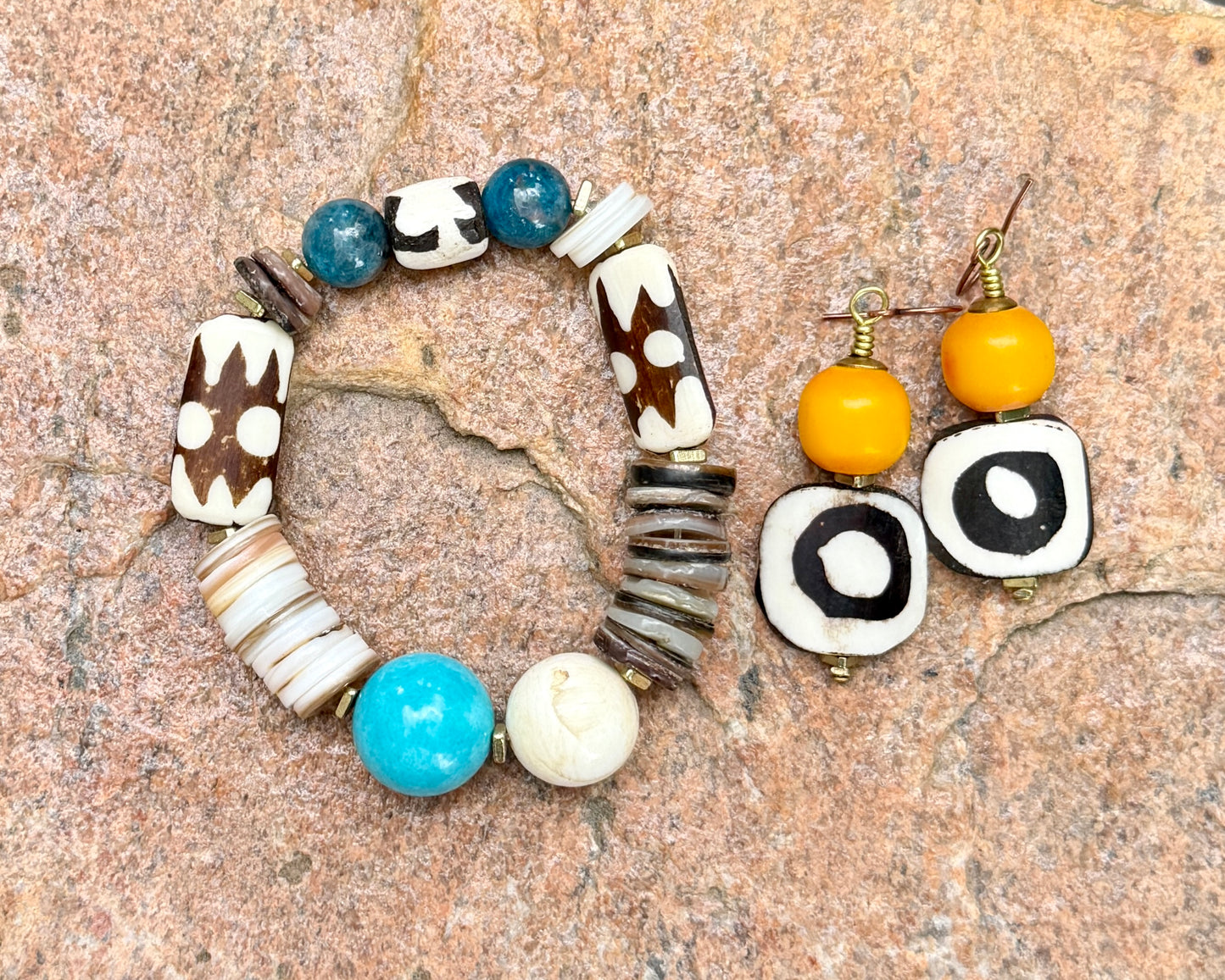 Boho Mix Media Bracelet — Turquoise Magnesite, Shell & Batik Bone Beads