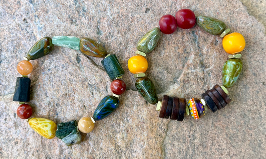 Boho Chakra Stone Stretch Bracelet, Roman Glass, Lampwork Focal