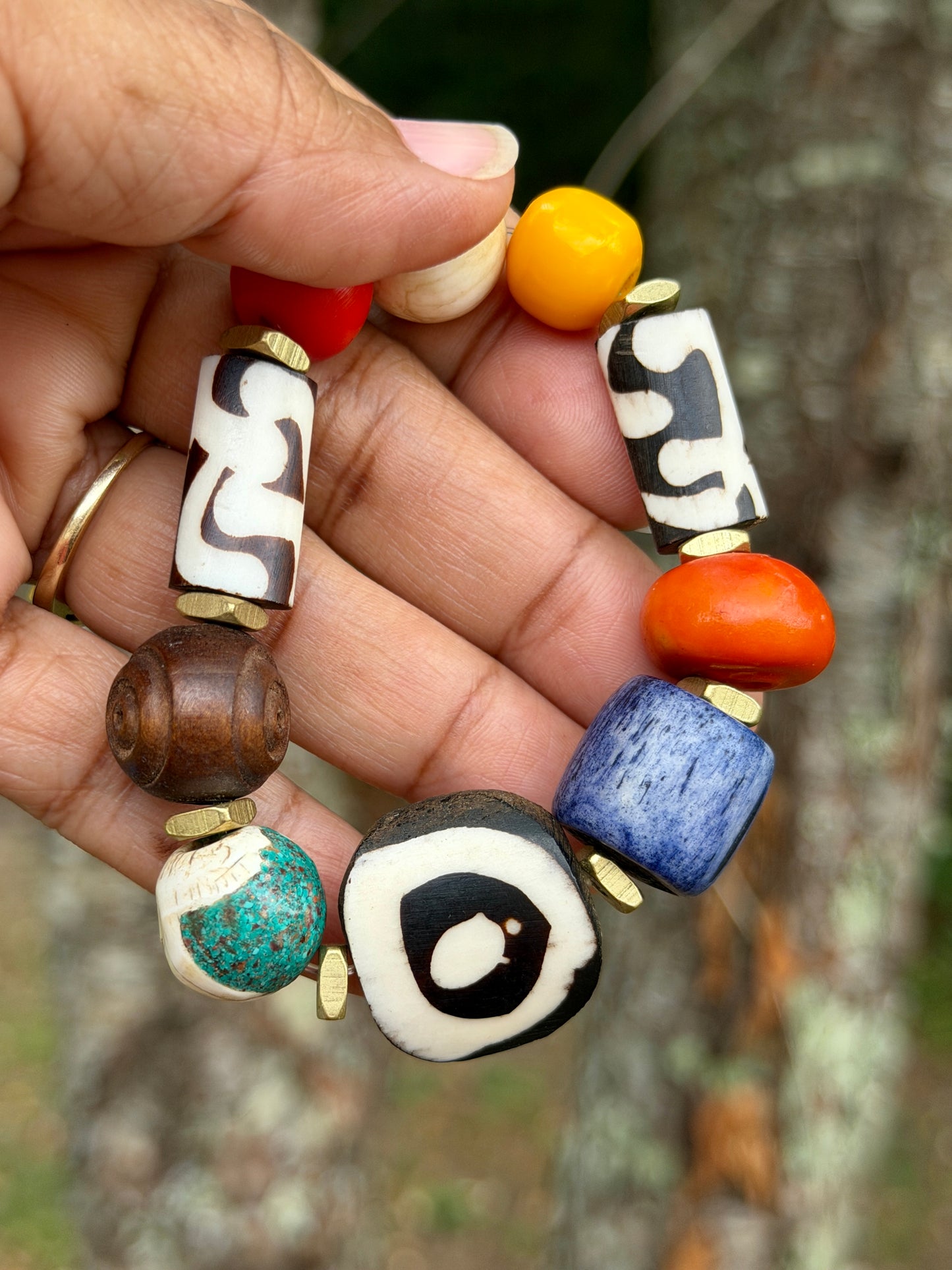 Boho Mix Media Bracelet — Colorful Agate, Kenyan Resin & Blue Bone Beads