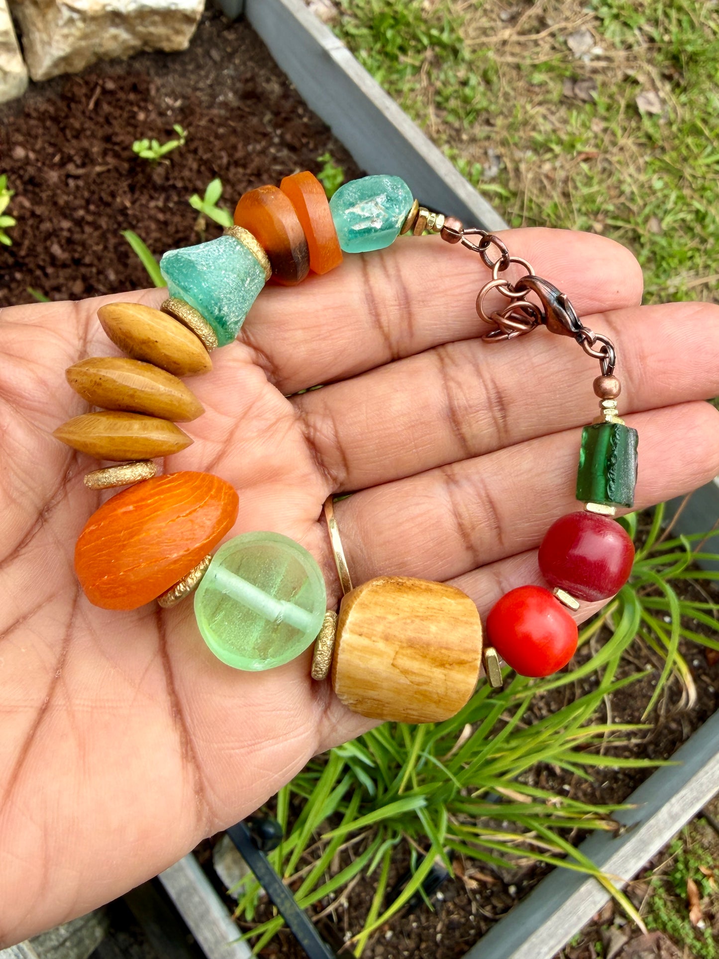 Boho Tribal Bracelet – Moroccan Horn, Roman Glass & Colorful Resin Beads