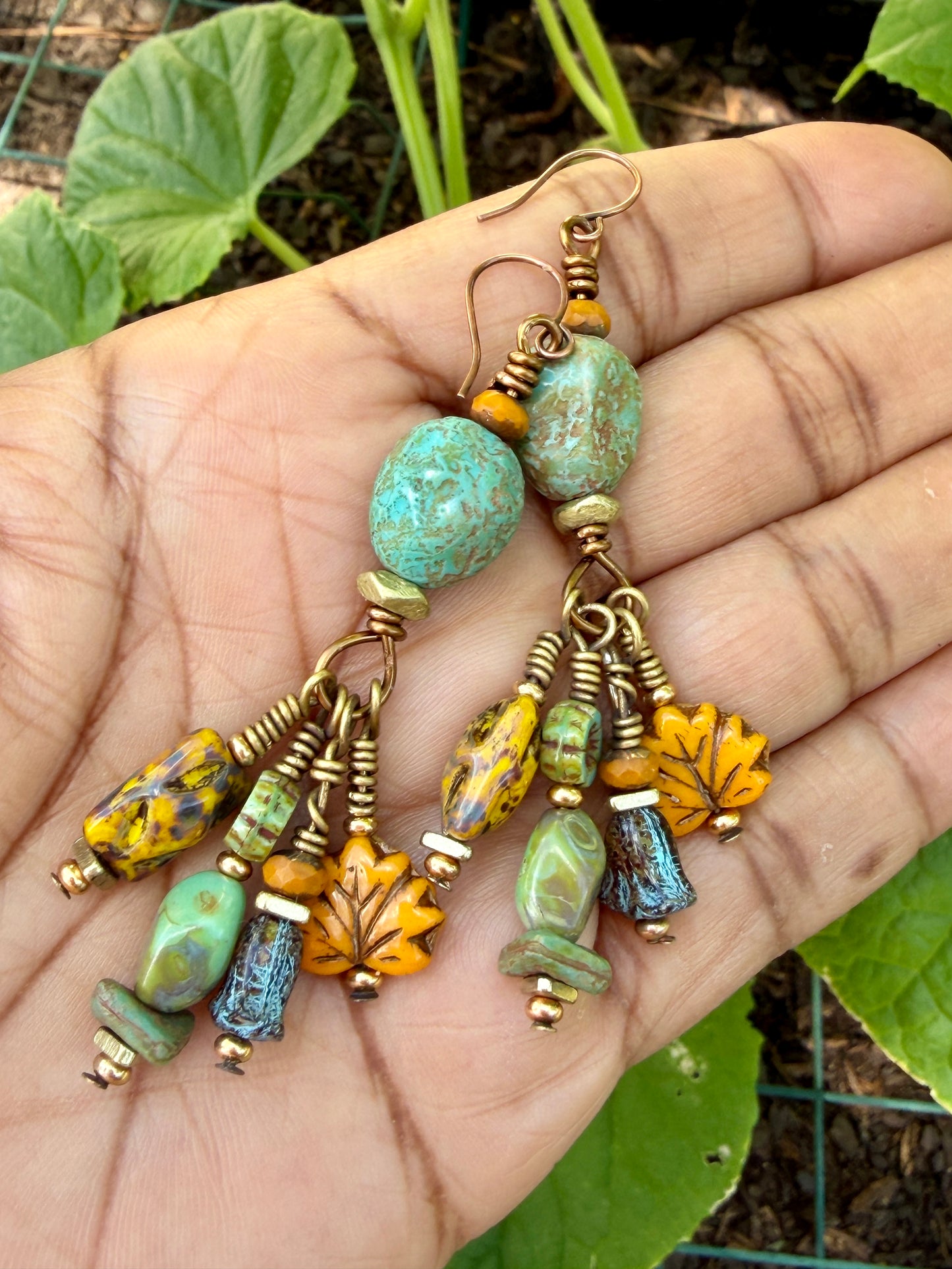 Golden Maple Leaf Earrings • Turquoise Autumn Dangles