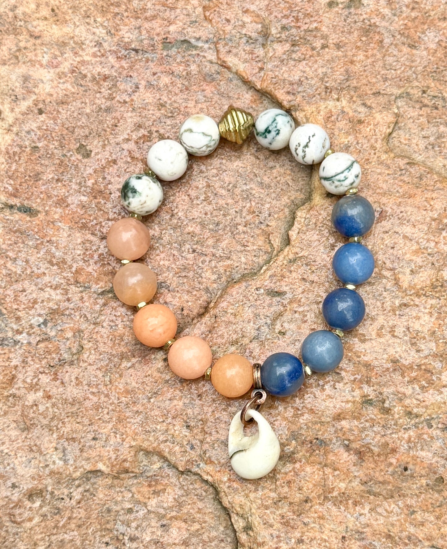 Beach Vibes Bracelet: Natural Shell and Pink and Blue Aventurine, Tree Agate Gemstones