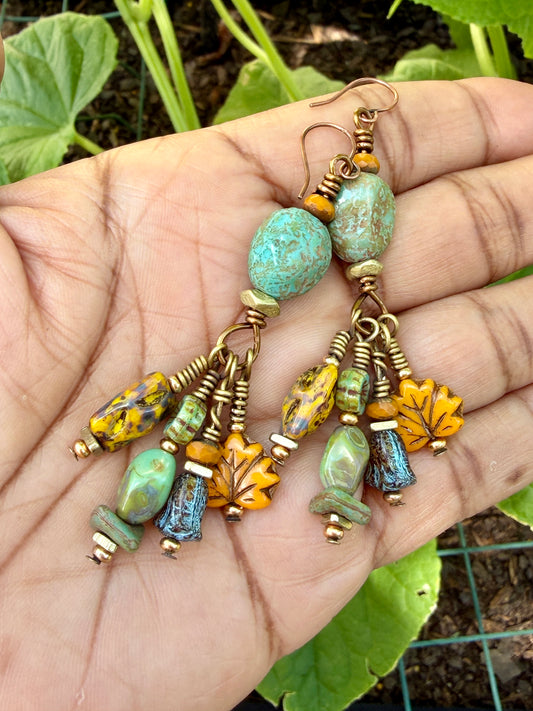 Golden Maple Leaf Earrings • Turquoise Autumn Dangles