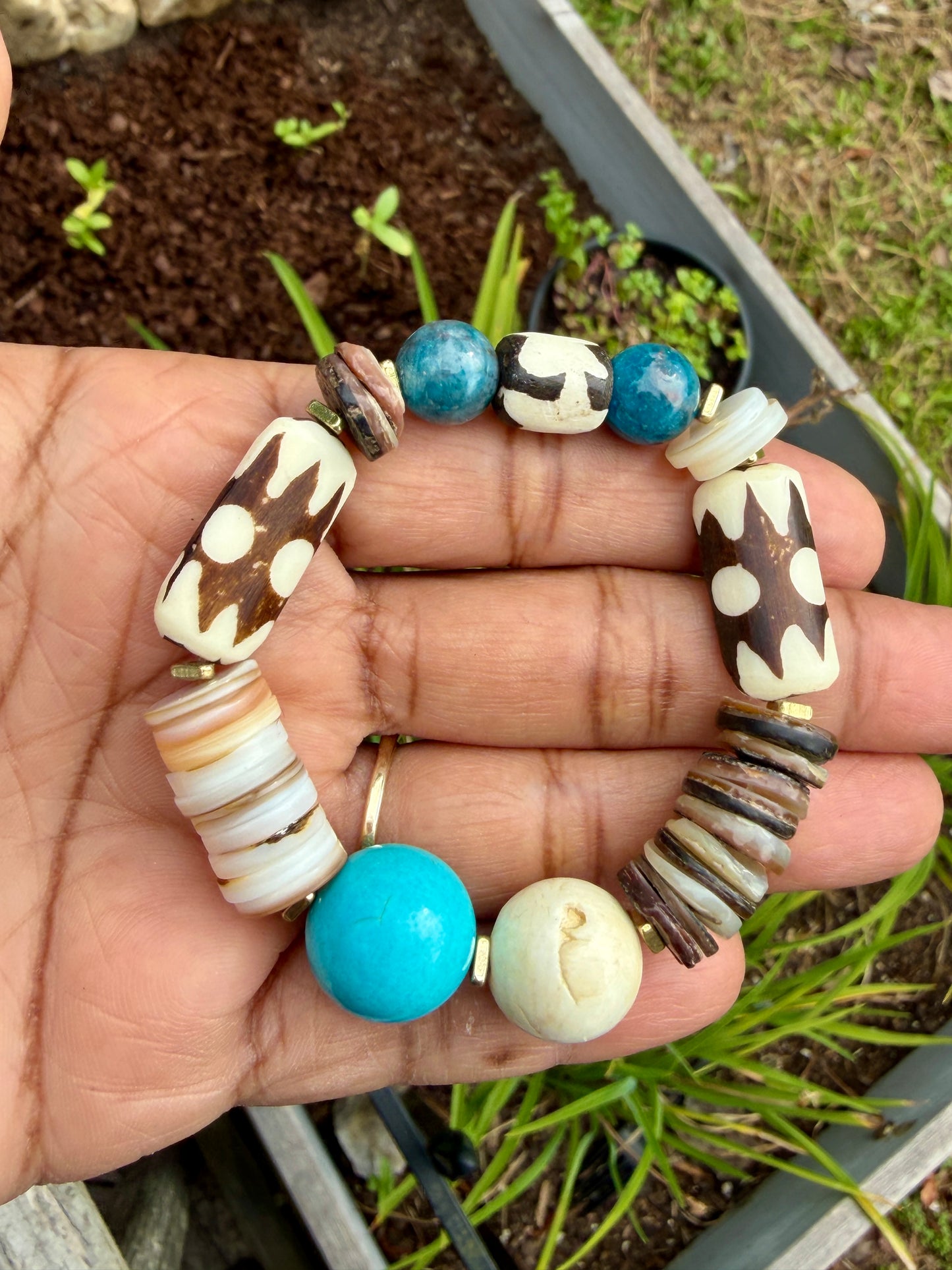 Boho Mix Media Bracelet — Turquoise Magnesite, Shell & Batik Bone Beads