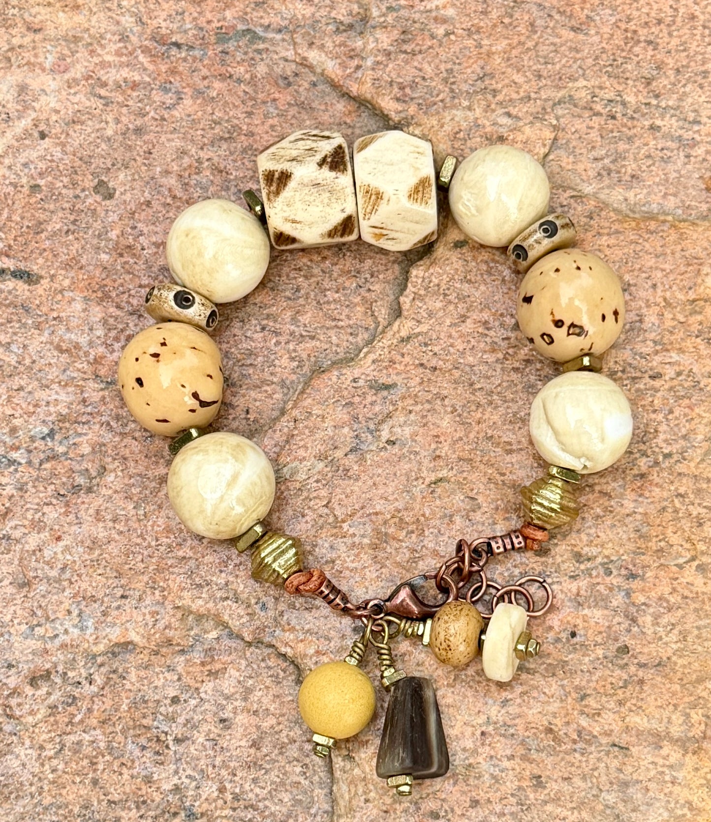Tagua Seed Bead Bracelet: Naga Conch Shell, Bone & Brass
