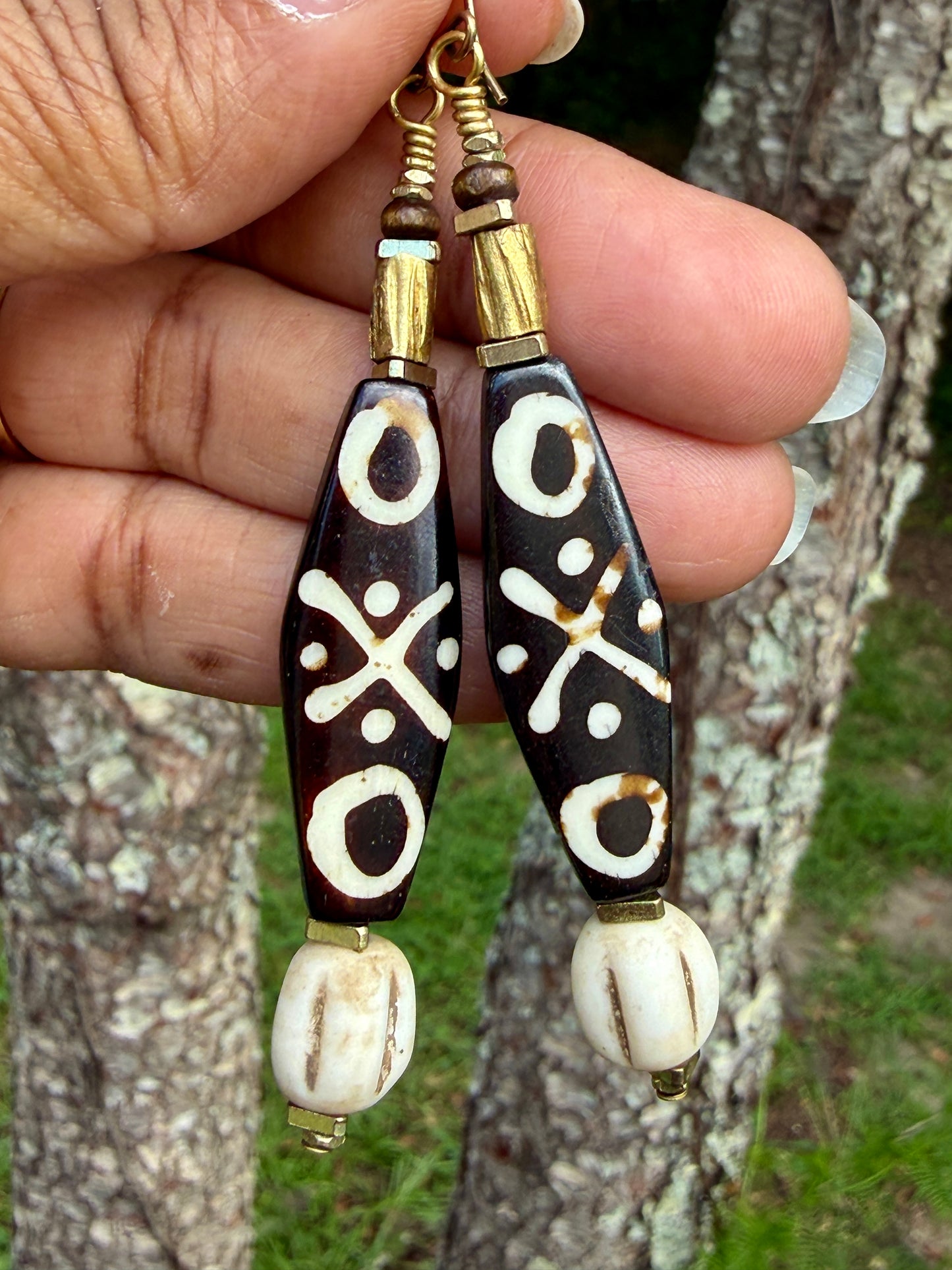 Bold Batik Bone Earrings • Tribal Inspired Mudbone Beads • Rustic Boho Dangles • Earthy Statement Earrings