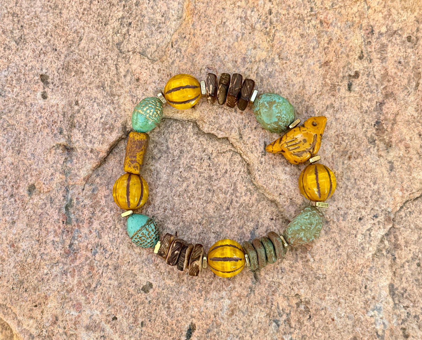 Turquoise Ancient Stone Bracelet • Mystic Chirp Focal • Rustic Coconut Wood • Nature Inspired Artisan Jewelry