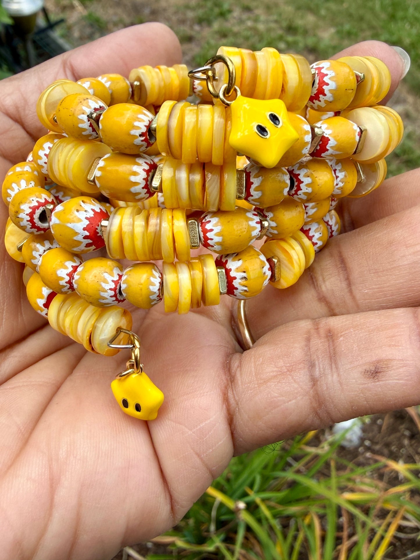 Sunshine Yellow Chevron & Shell Heishi Memory Wire Bangle – Bright, Happy, Sunflower Vibes