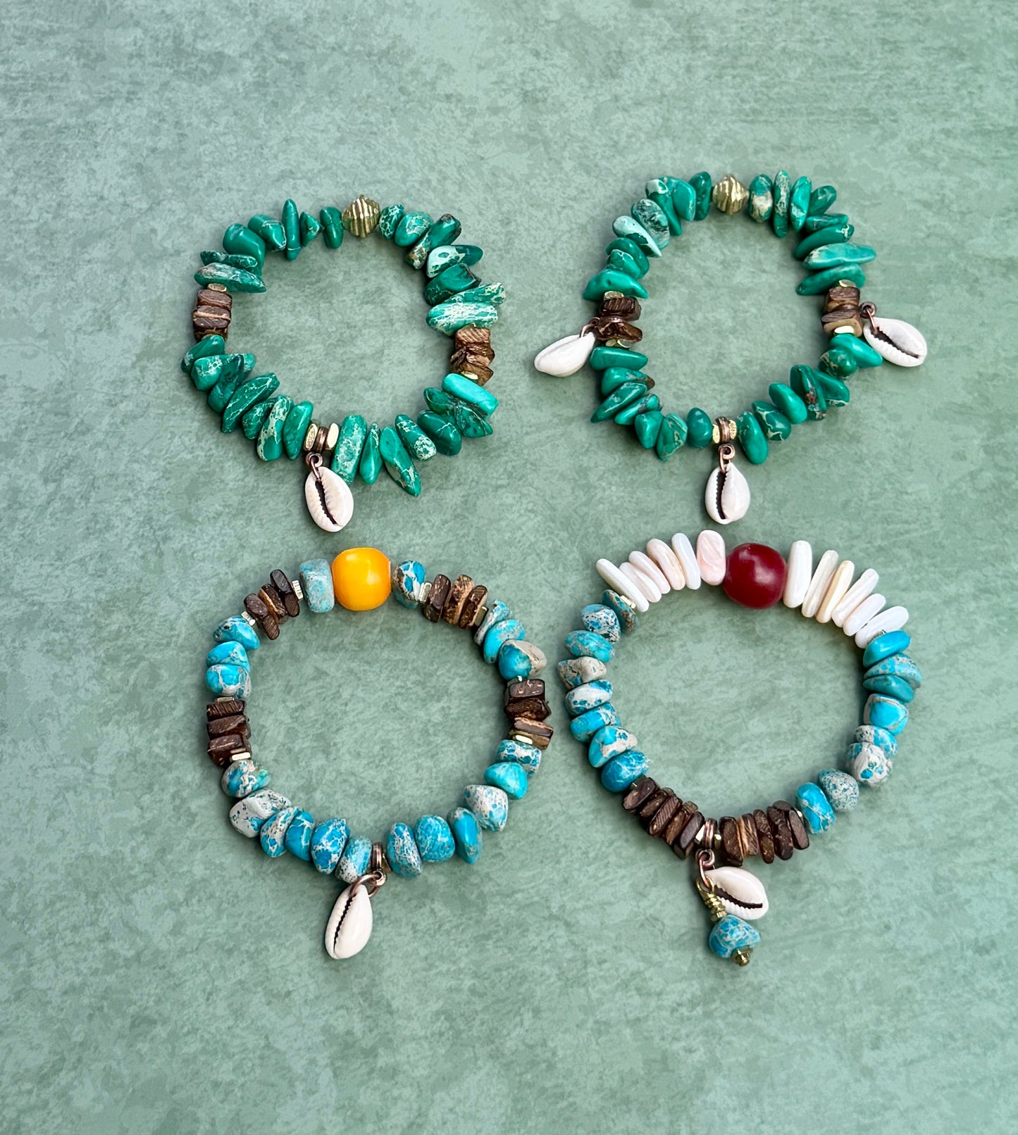 Yellow Kenya Amber Resin Focal– Aqua Sediment Jasper– Coastal Boho Stretch Jewelry