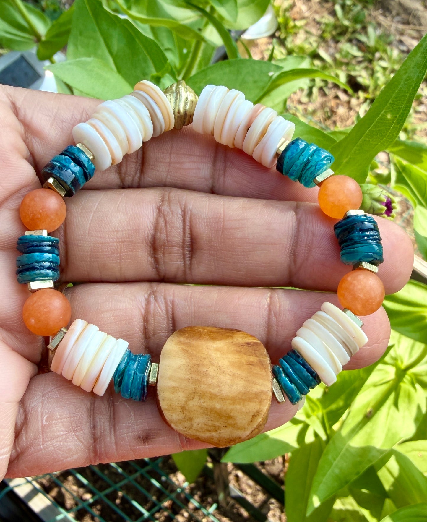 Coastal Papaya Aventurine & Shell Heishi Bracelet • Beachy Summer Jewelry