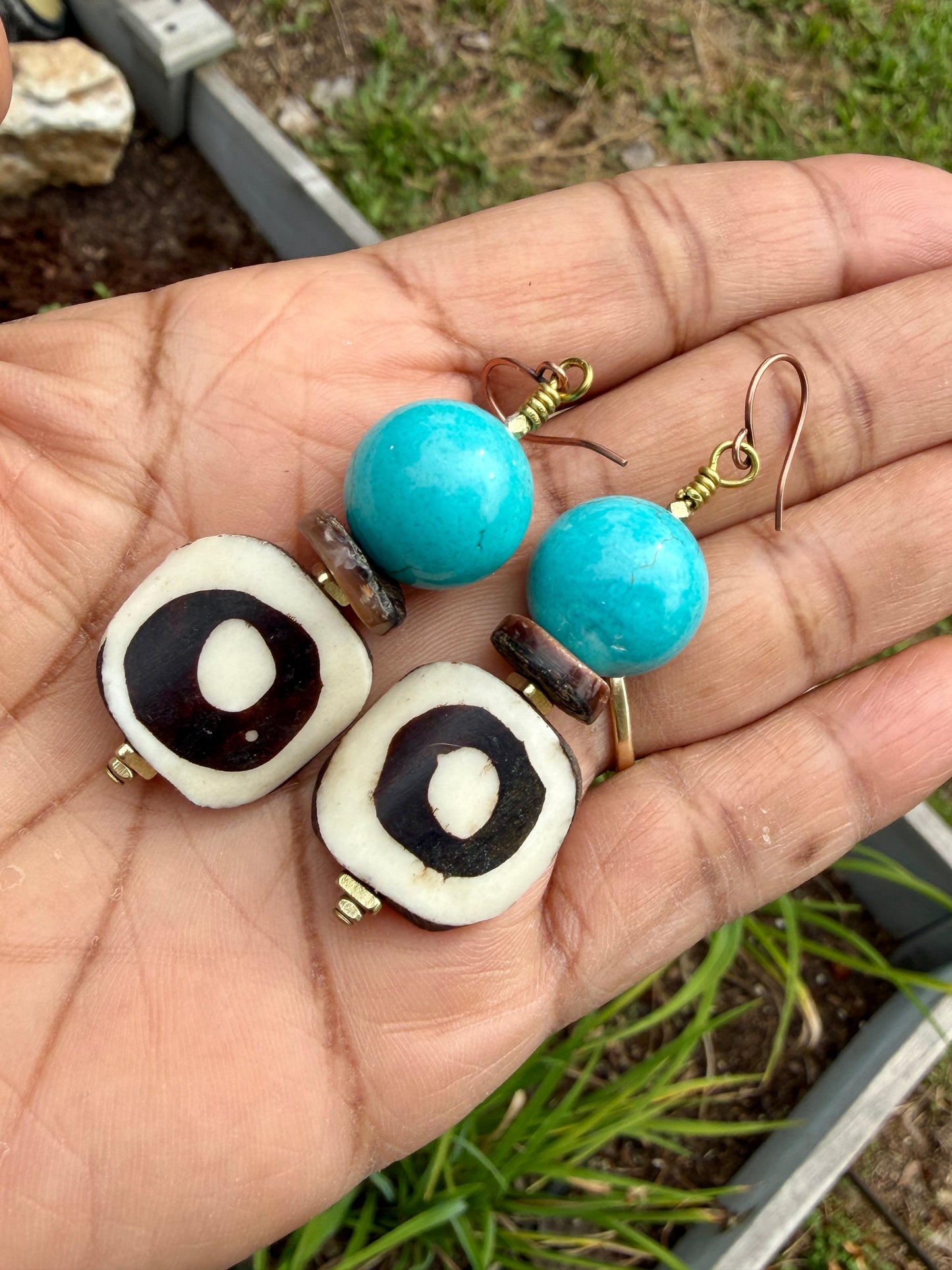 Batik Bone & Turquoise Magnesite Earrings with Mottled Brown Natural Heishi Shell Beads• Beachy Summer Boho Jewelry