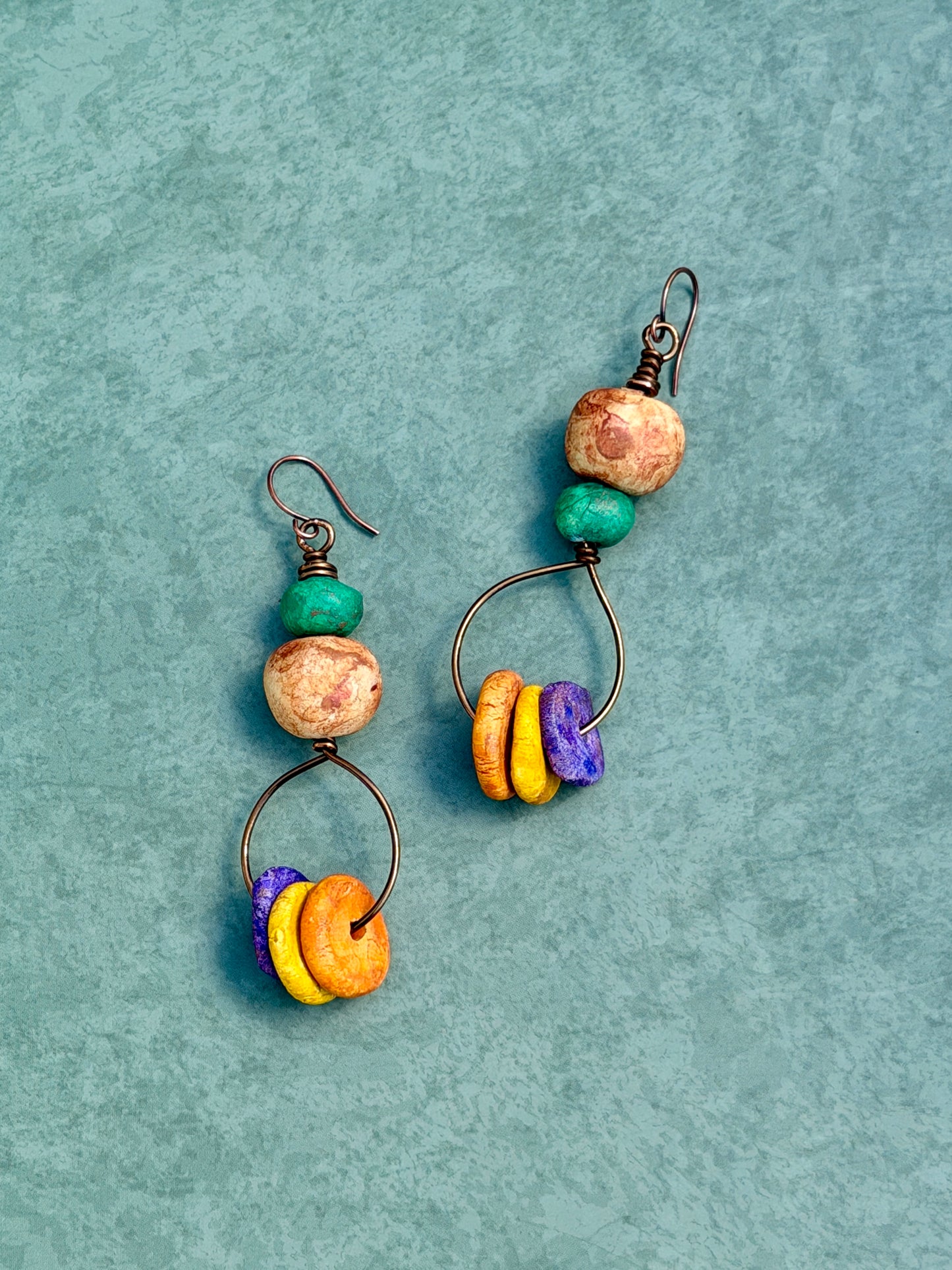 Earthy Rustic Boho Hoop Earrings • Colorful Stoneware Clay Beads • Lightweight Dangle Hoops • Autumn Vibes