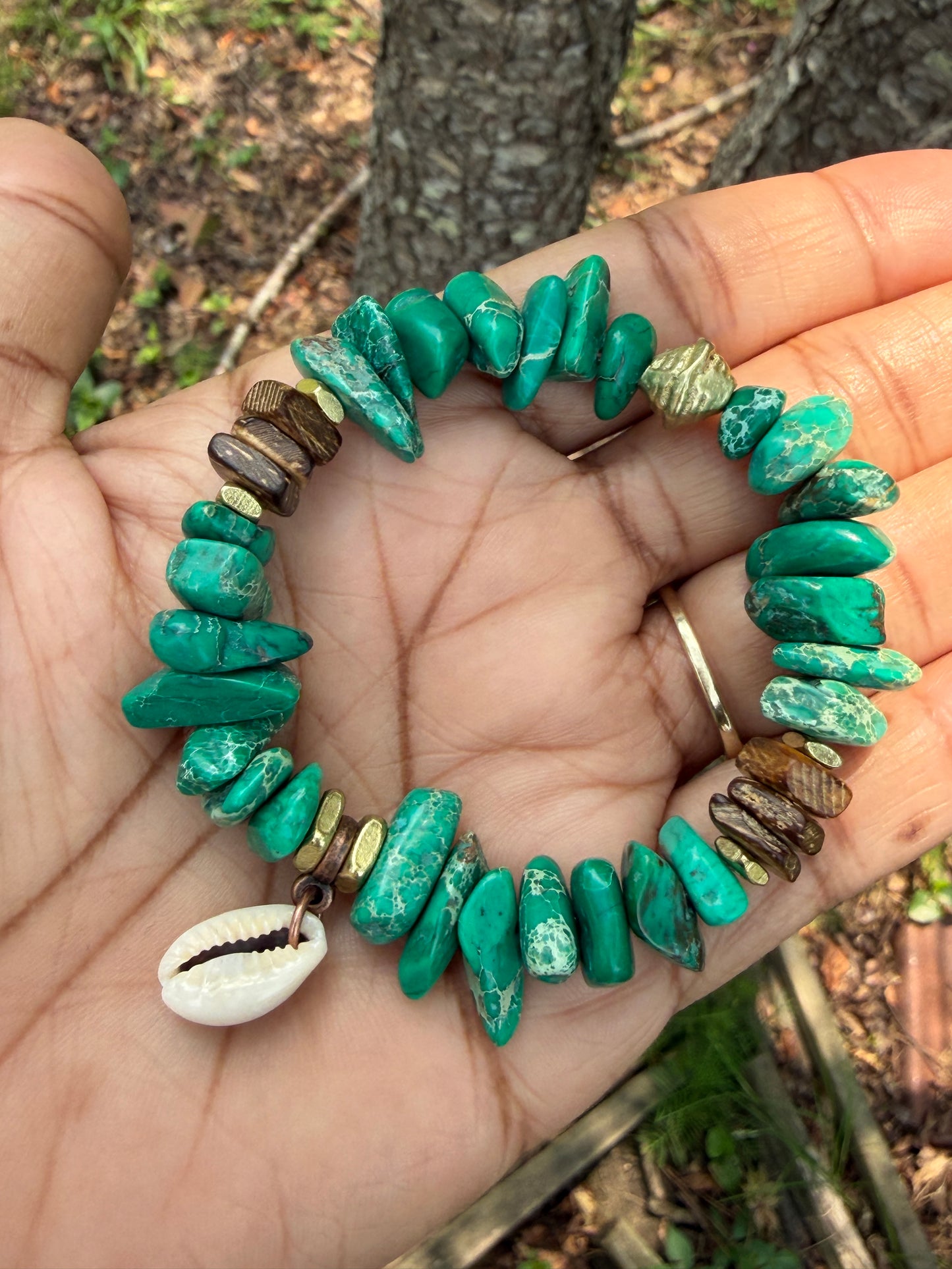 Cowrie Shell Charms– Green Aqua Sediment Jasper– Coastal Boho Stretch Jewelry