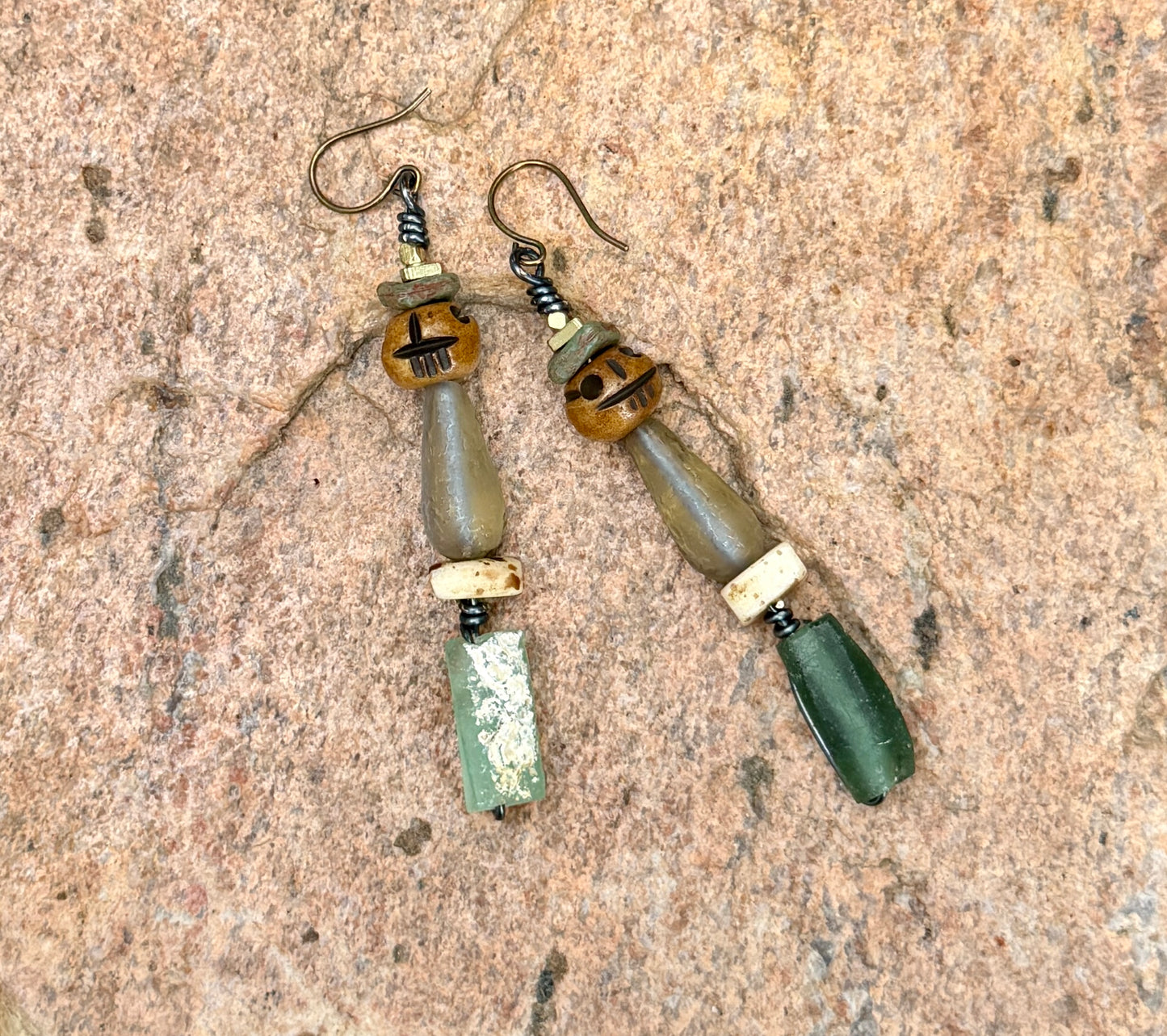 Earthy Skull Dangle Earrings • Roman Glass & Turquoise Mix • Autumn & Halloween Vibes