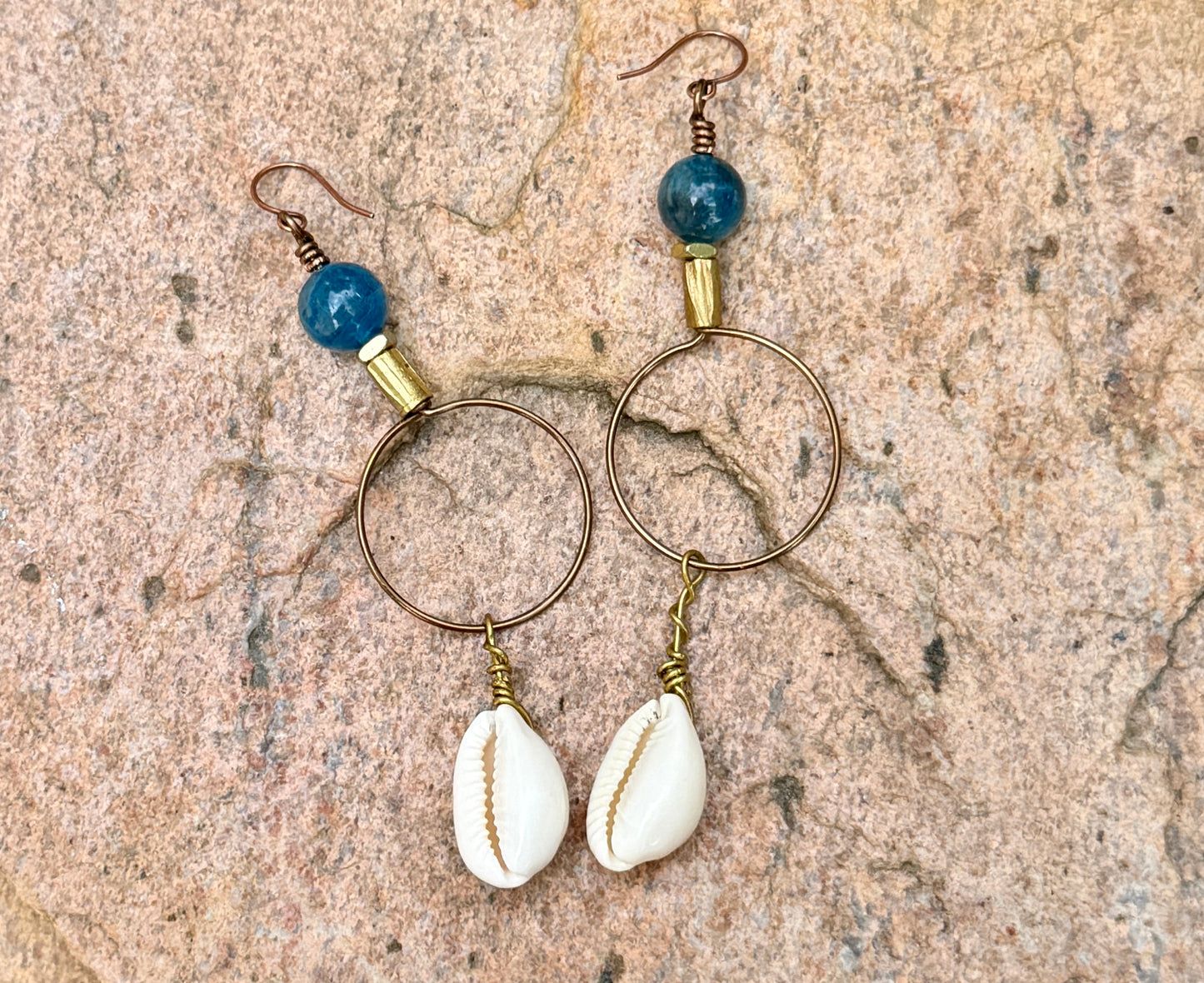 Bold Apatite Hoop Earrings • Cowrie Shell Charms • Fun Unique Beach Jewelry