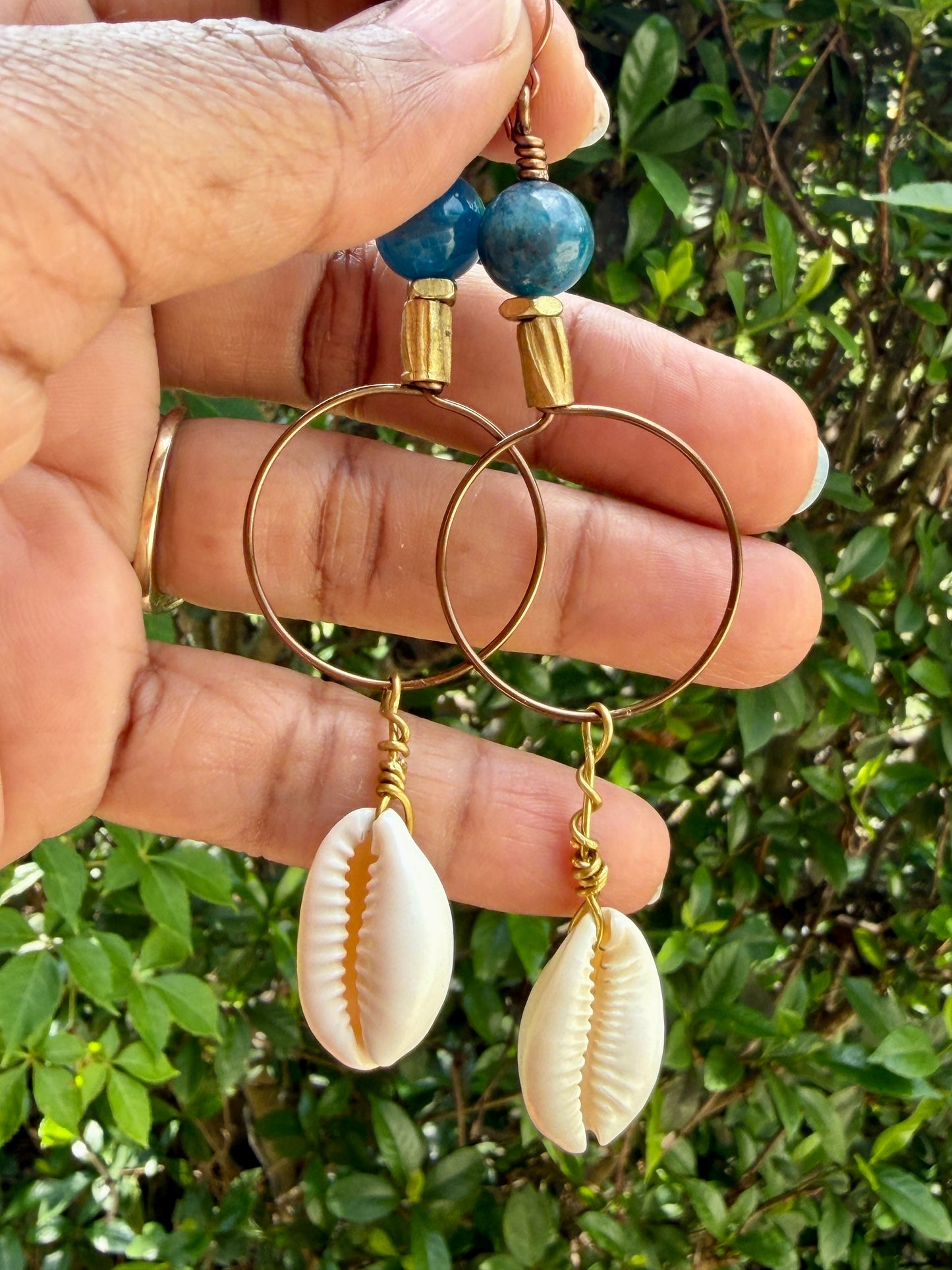 Bold Apatite Hoop Earrings • Cowrie Shell Charms • Fun Unique Beach Jewelry