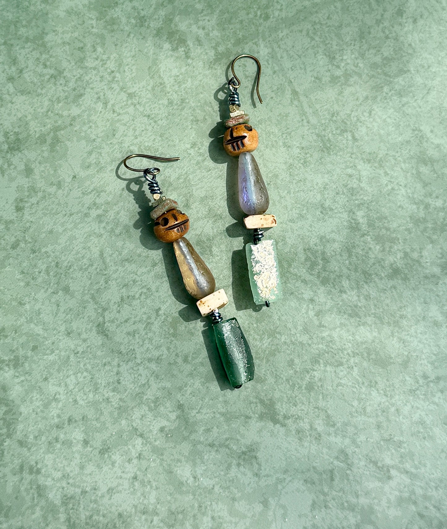 Earthy Skull Dangle Earrings • Roman Glass & Turquoise Mix • Autumn & Halloween Vibes