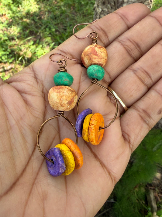 Earthy Rustic Boho Hoop Earrings • Colorful Stoneware Clay Beads • Lightweight Dangle Hoops • Autumn Vibes