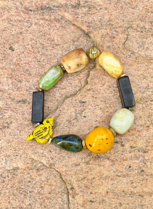Boho Mixed Media Stretch Bracelet with Yellow Chirp