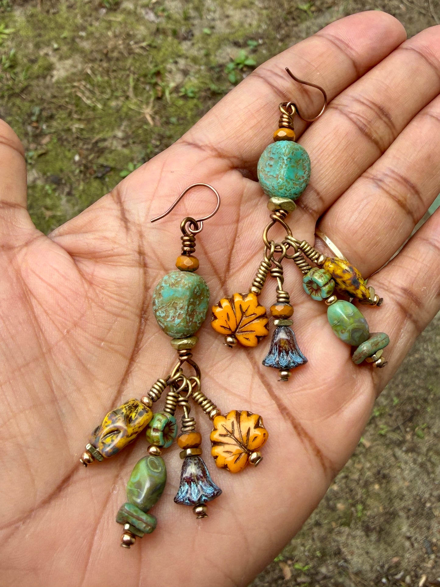 Golden Maple Leaf Earrings • Turquoise Autumn Dangles