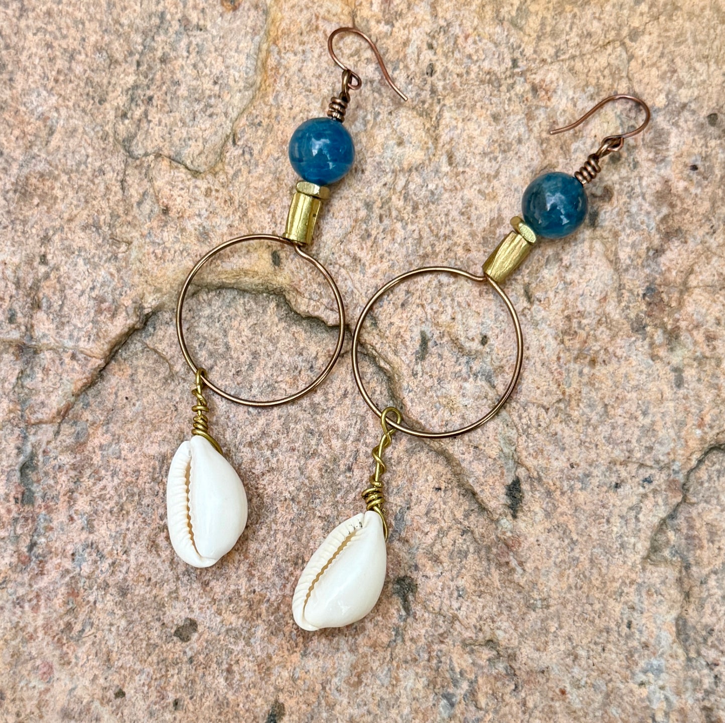 Bold Apatite Hoop Earrings • Cowrie Shell Charms • Fun Unique Beach Jewelry