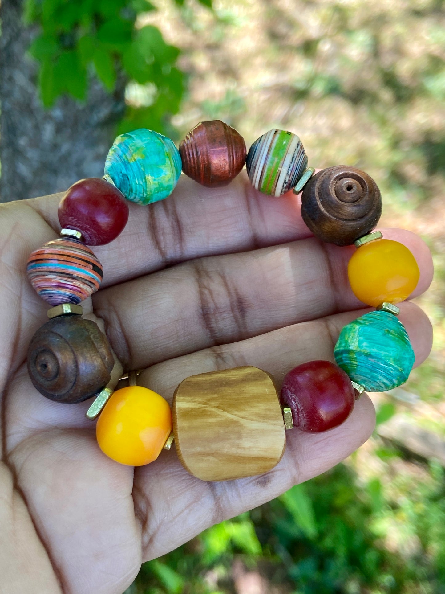 Bohemian Vibes: Mixed Media Paper Beads, Olive Wood, Bone and Colorful Kenyan Amber Resin Beads