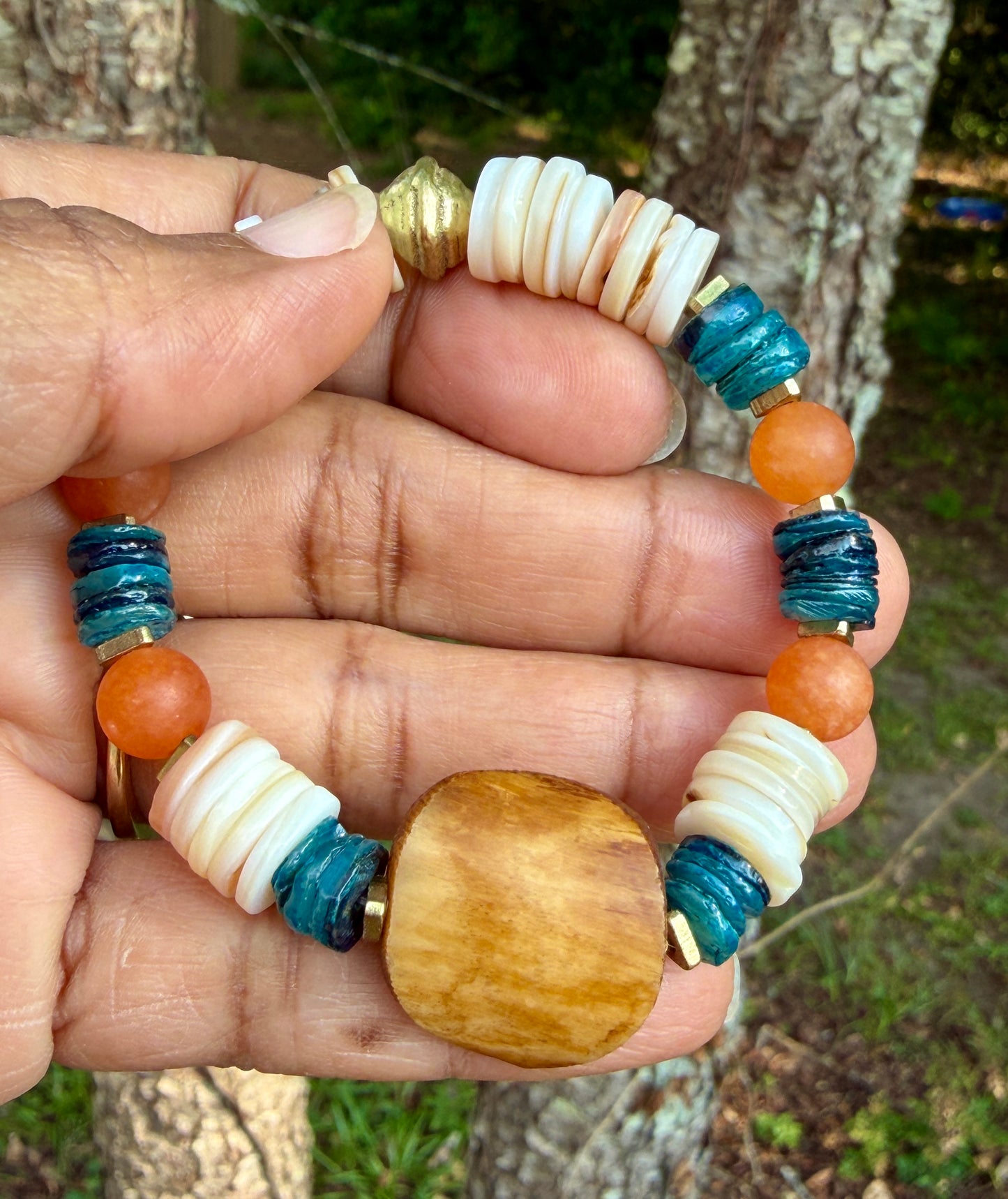 Coastal Papaya Aventurine & Shell Heishi Bracelet • Beachy Summer Jewelry