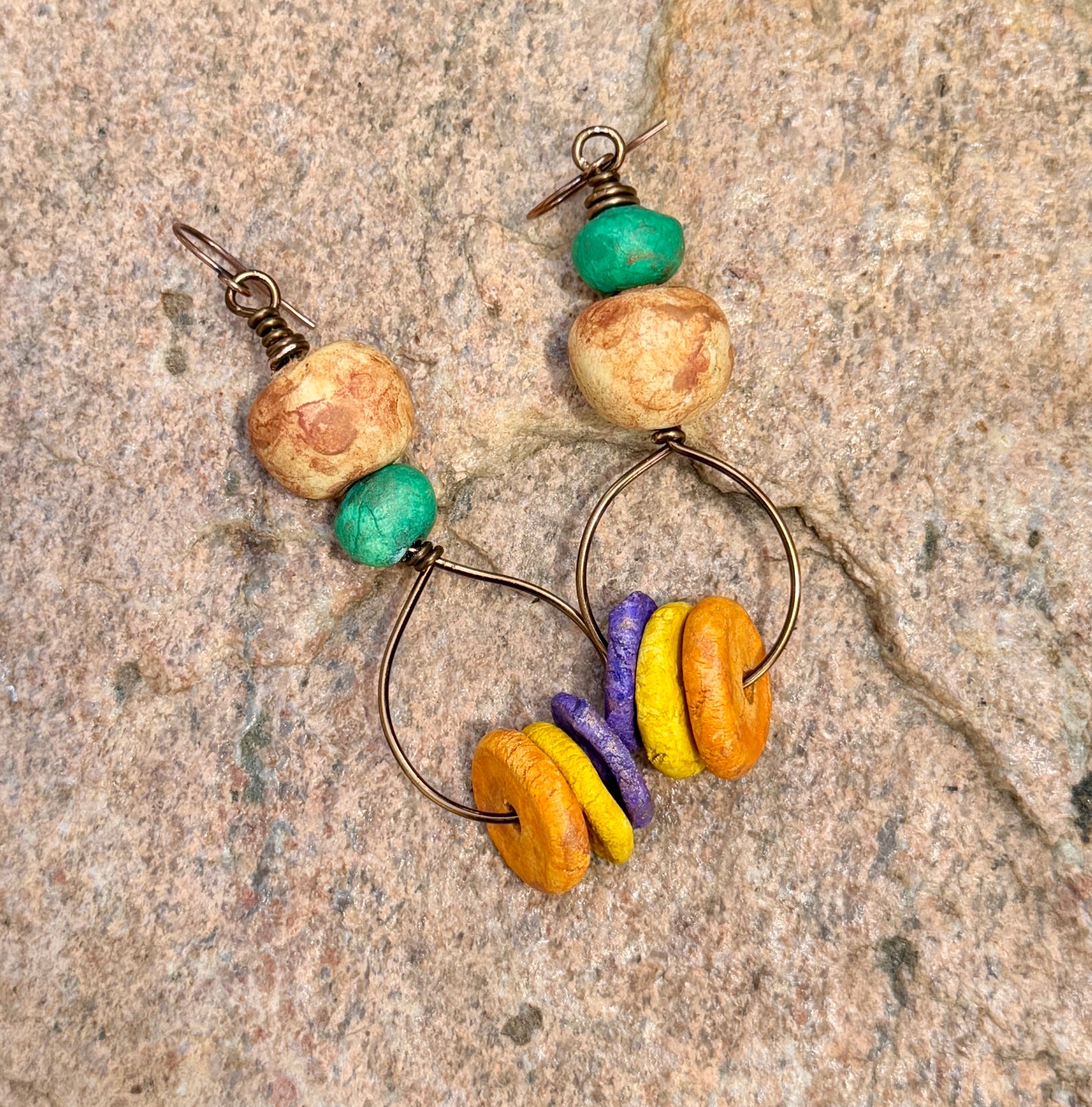 Earthy Rustic Boho Hoop Earrings • Colorful Stoneware Clay Beads • Lightweight Dangle Hoops • Autumn Vibes