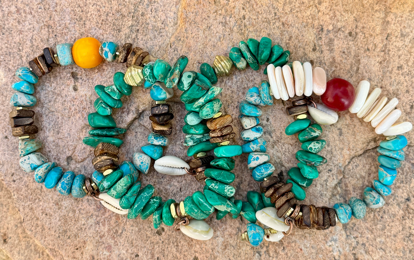 Beachy Green Aqua Sediment Jasper– Cowrie Shell Charm– Coastal Boho Stretch Bracelet