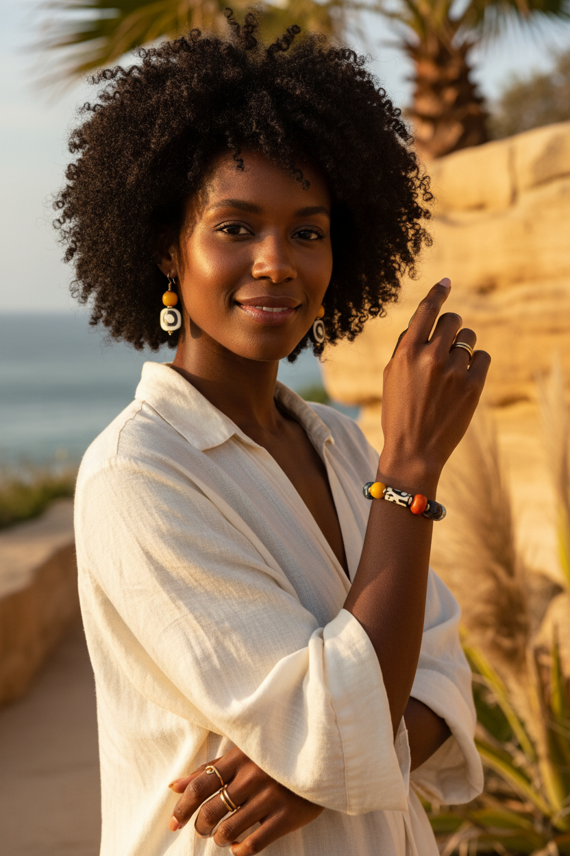 Boho Mix Media Bracelet — Colorful Agate, Kenyan Resin & Blue Bone Beads