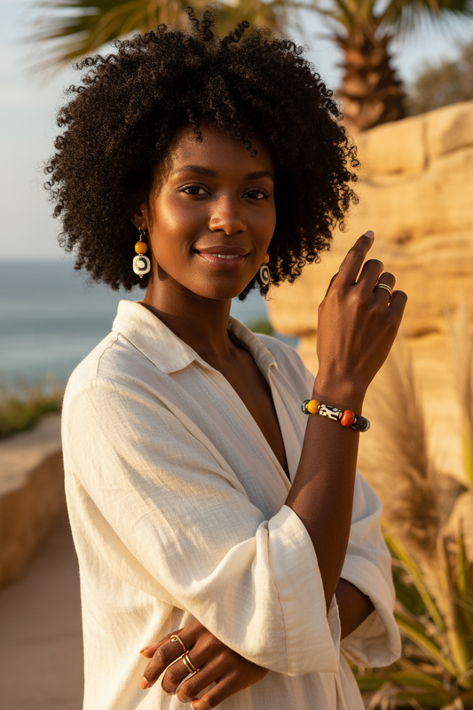 Boho Mix Media Bracelet — Colorful Agate, Kenyan Resin & Blue Bone Beads
