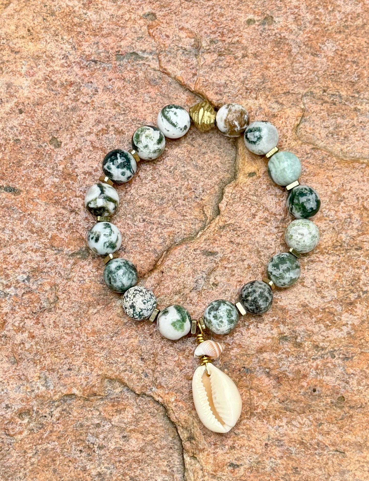 Boho Artisan Jewelry Moss Agate Gemstone Bracelet with Shell Pendant