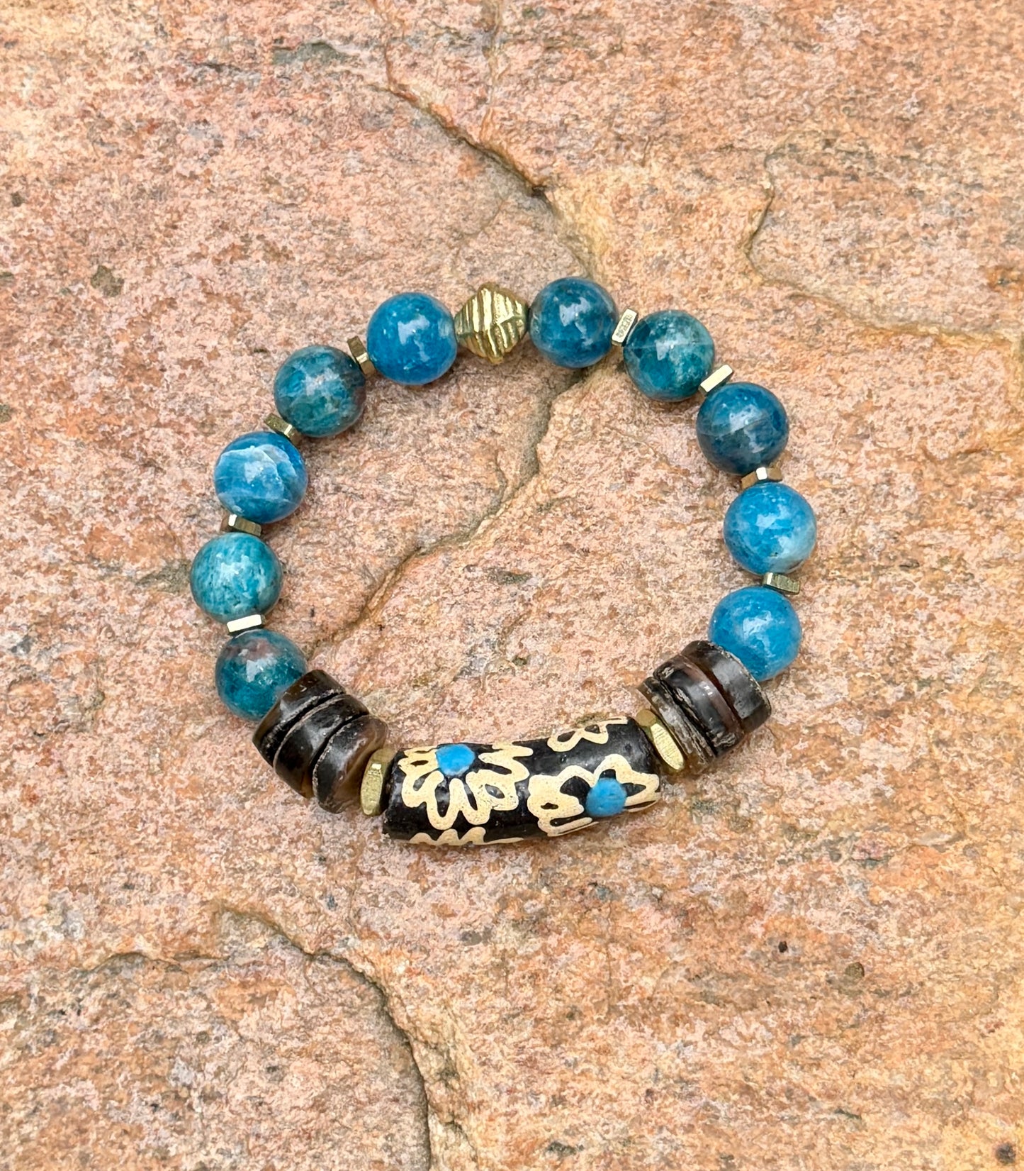 Apatite Gemstone and Painted Krobo Bracelet