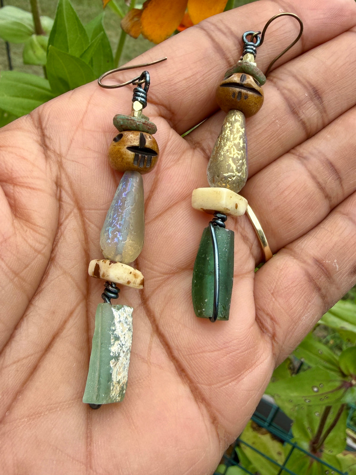 Earthy Skull Dangle Earrings • Roman Glass & Turquoise Mix • Autumn & Halloween Vibes