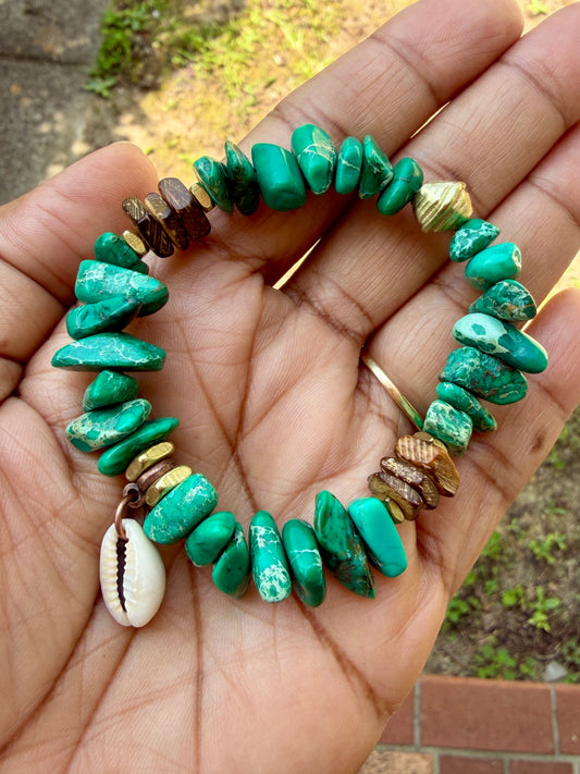 Cowrie Shell Charms– Green Aqua Sediment Jasper– Coastal Boho Stretch Jewelry