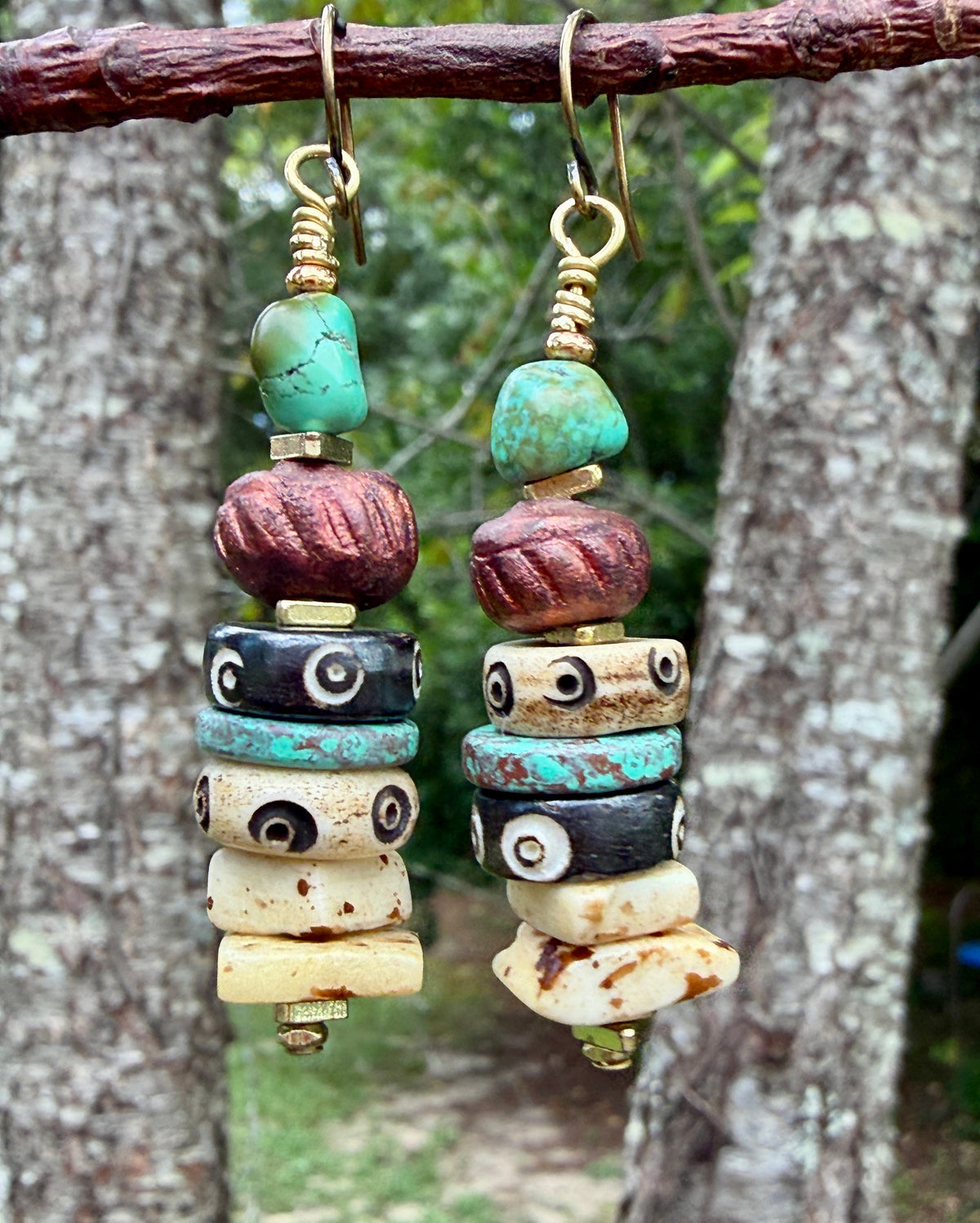 Mixed Media Earrings • Carved Bone, Turquoise Nuggets, Stoneware Clay • Square Bone Beads • Autumn Inspired Nature Lover Jewelry