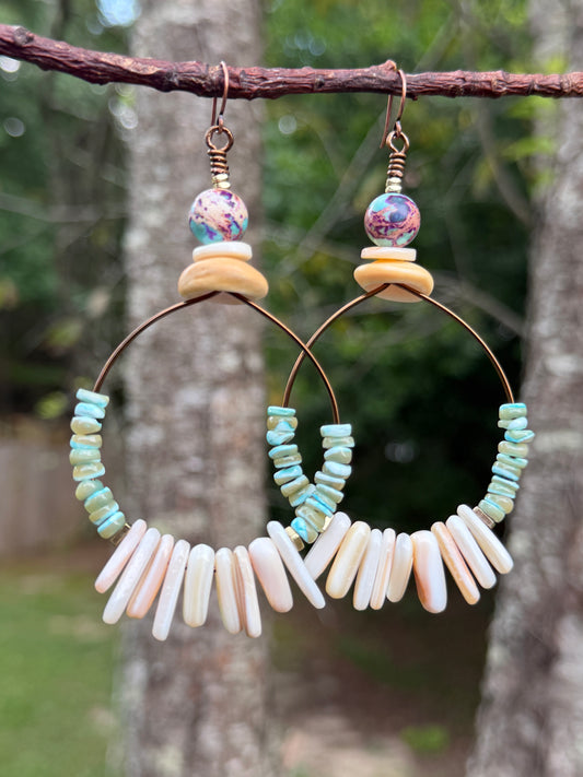Sea Green Turbo Shell & Honey Shell Hoop Earrings • Natural Mussel Shell • Irregular Heishi • Sediment Jasper • Coastal Fall Vibes