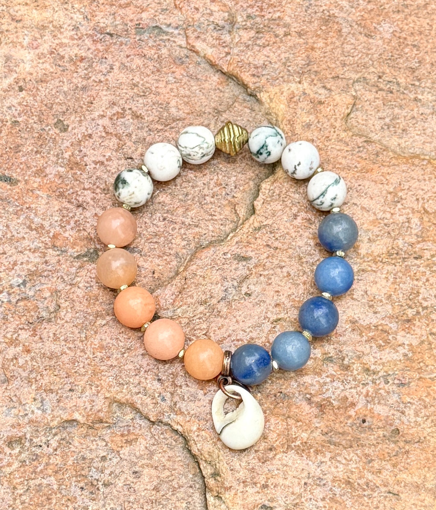 Beach Vibes Bracelet: Natural Shell and Pink and Blue Aventurine, Tree Agate Gemstones