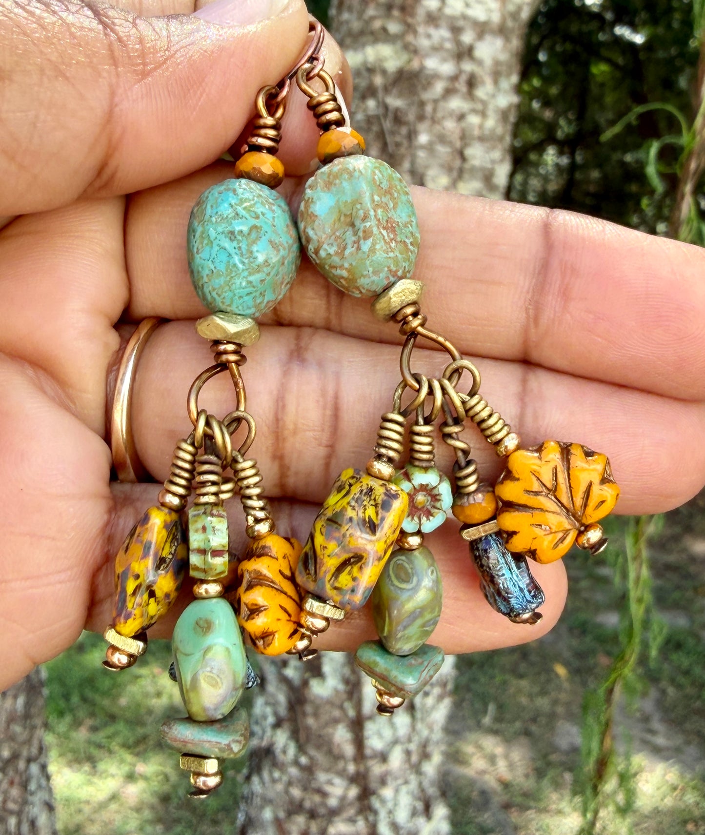 Golden Maple Leaf Earrings • Turquoise Autumn Dangles