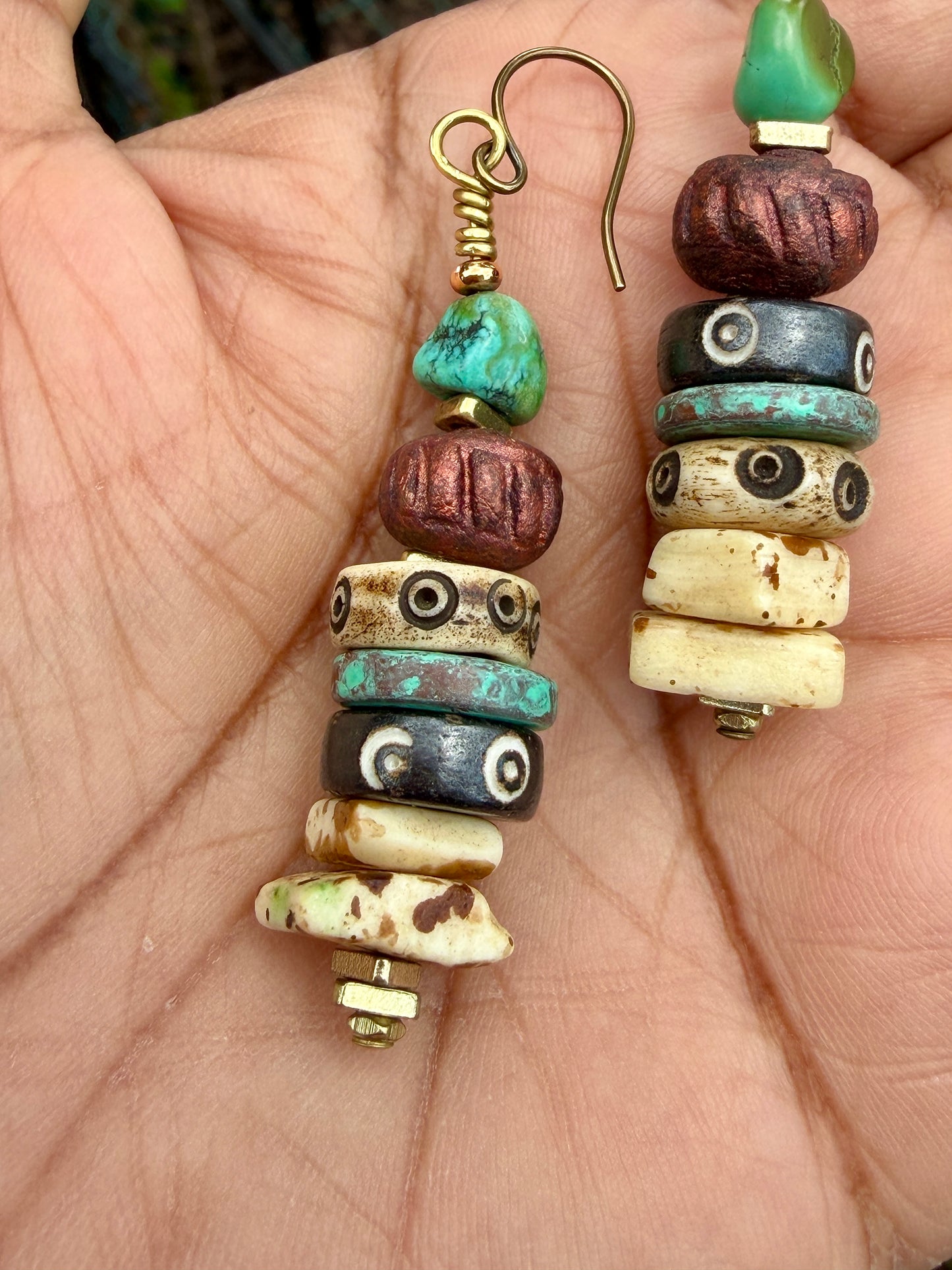 Mixed Media Earrings • Carved Bone, Turquoise Nuggets, Stoneware Clay • Square Bone Beads • Autumn Inspired Nature Lover Jewelry