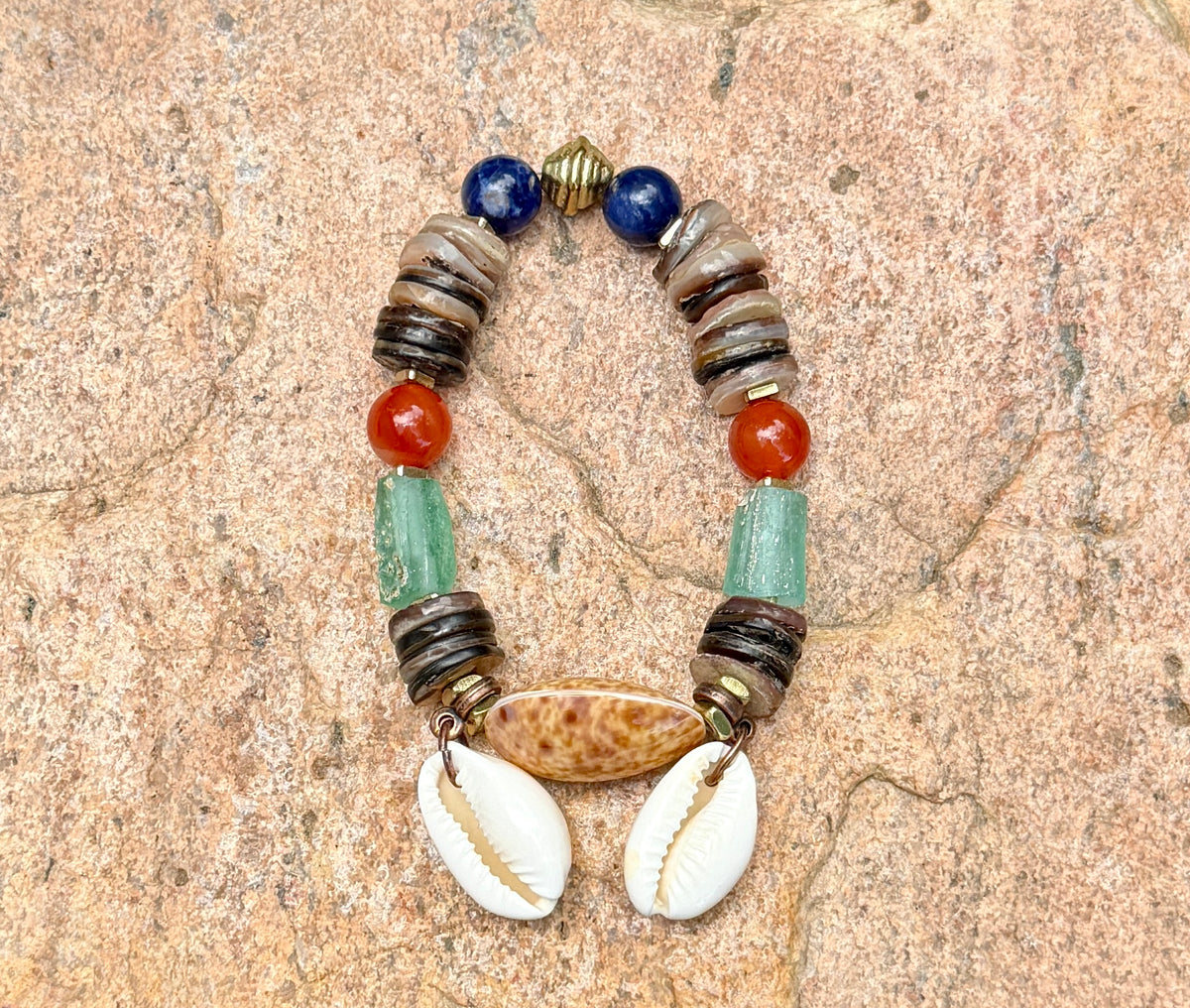 Roman Glass Bracelet • Natural Shell, Gold Triangle Accents, Coastal Jewelry (Copy)