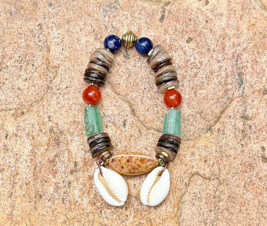 Roman Glass Bracelet • Natural Shell, Gold Triangle Accents, Coastal Jewelry (Copy)