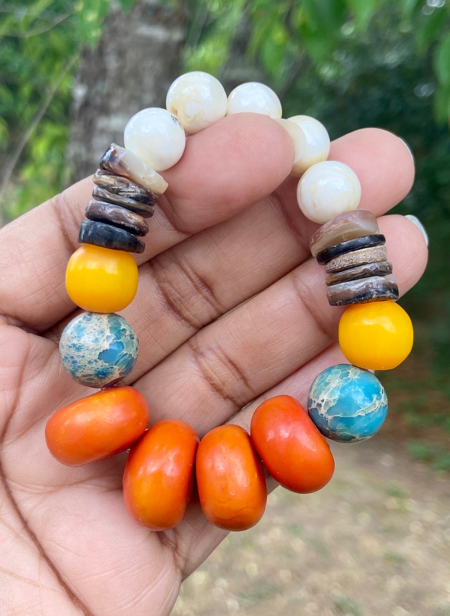Boho Tribal Bracelet • Moroccan Mango Resin • Naga Shell • Kenyan Amber • Turquoise Impression Jasper
