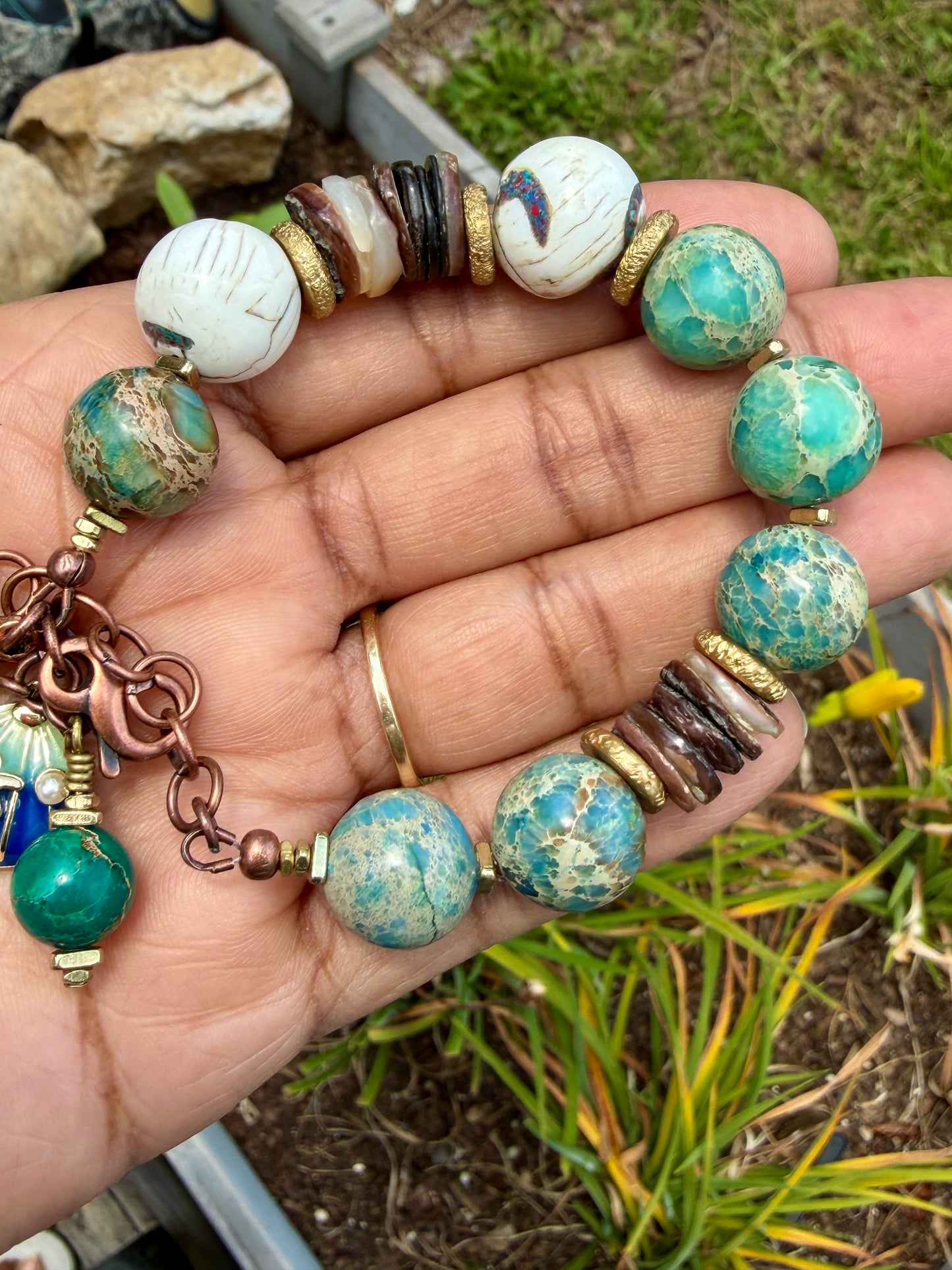 Boho Mixed Media Bracelet: Inlaid Naga Conch Shell, Turquoise Impression Jasper