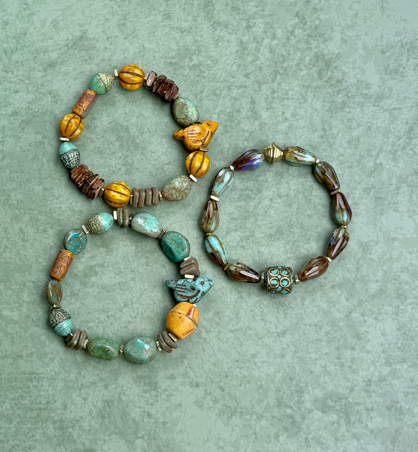 Mystic Marsh Drops • Inlaid Nepali Cylindrical Brass Bead Focal • Autumn Inspired Artisan Bracelet